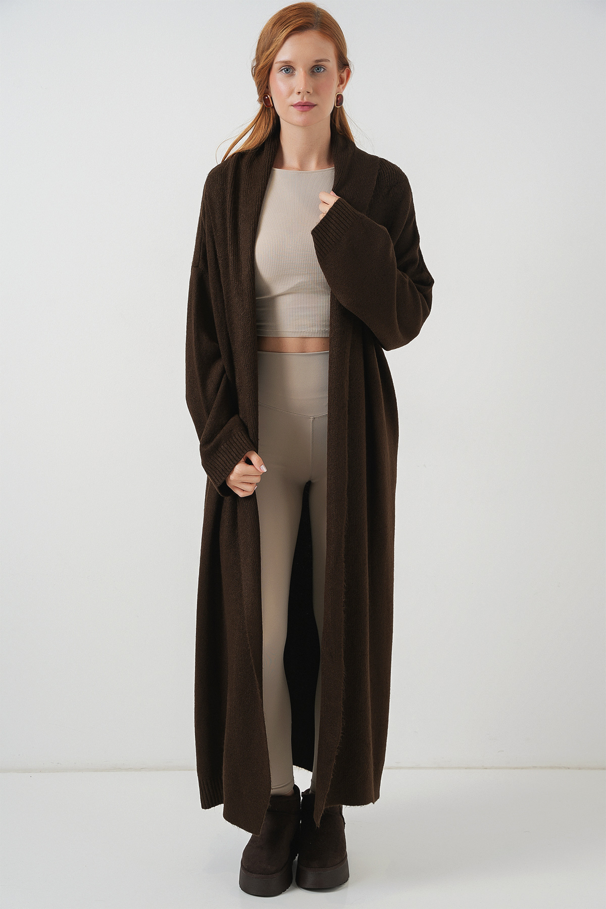 Kadın Uzun Oversize Triko Hırka 15924 - Kahverengi