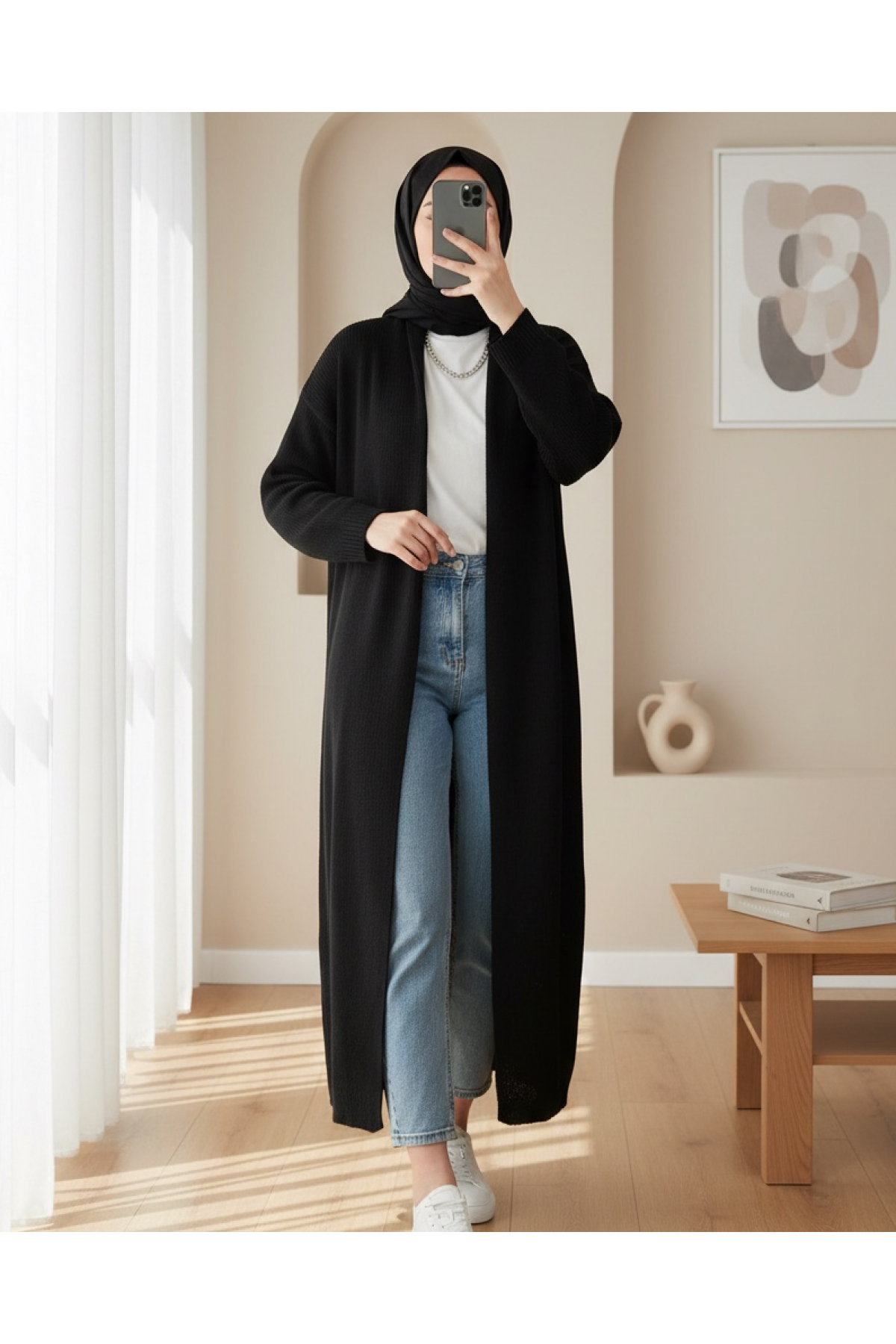 Kadın Uzun Oversize Triko Hırka 15924 - Siyah