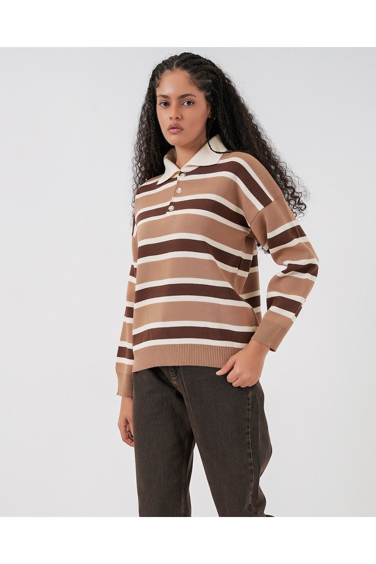 Women's Striped Polo Neck Knitwear Sweater 15952 