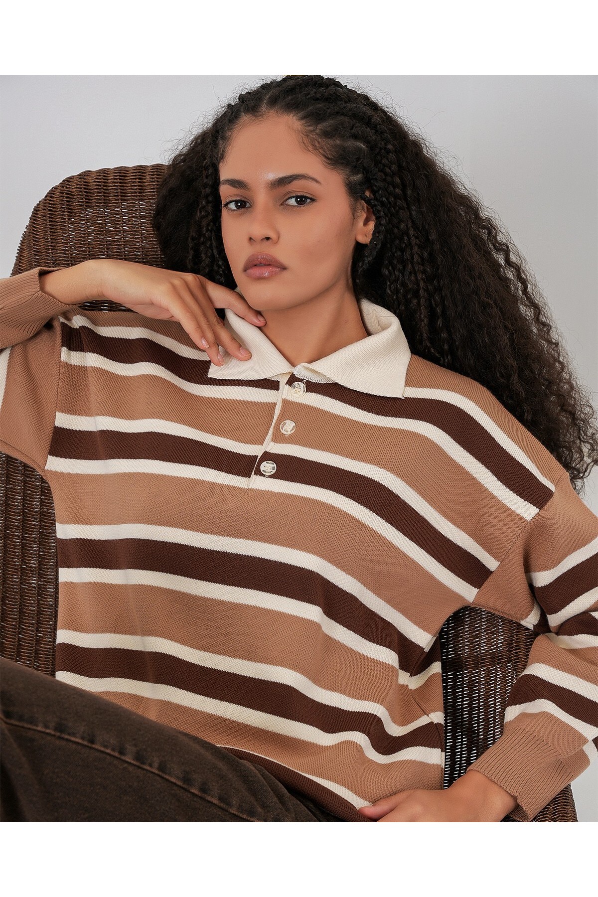 Women's Striped Polo Neck Knitwear Sweater 15952 