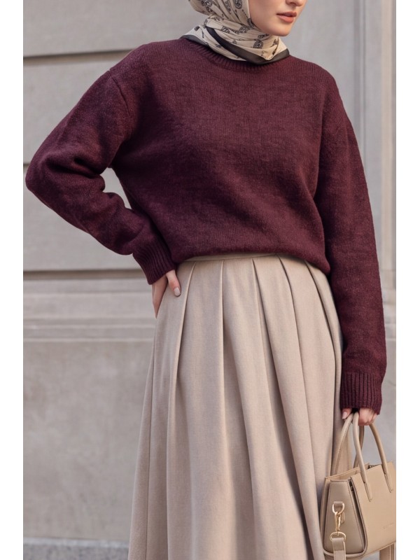 Kadın Tül Detaylı Oversize Triko Kazak 15968 - Bordo
