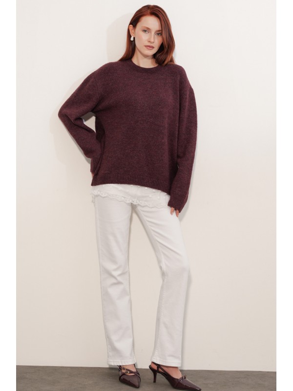 Kadın Tül Detaylı Oversize Triko Kazak 15968 - Bordo