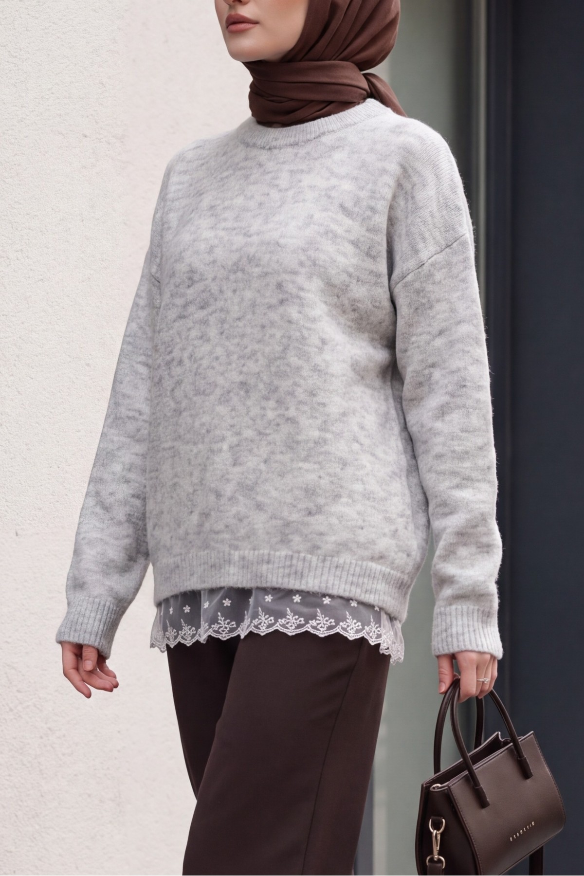 Kadın Tül Detaylı Oversize Triko Kazak 15968 - Ekru