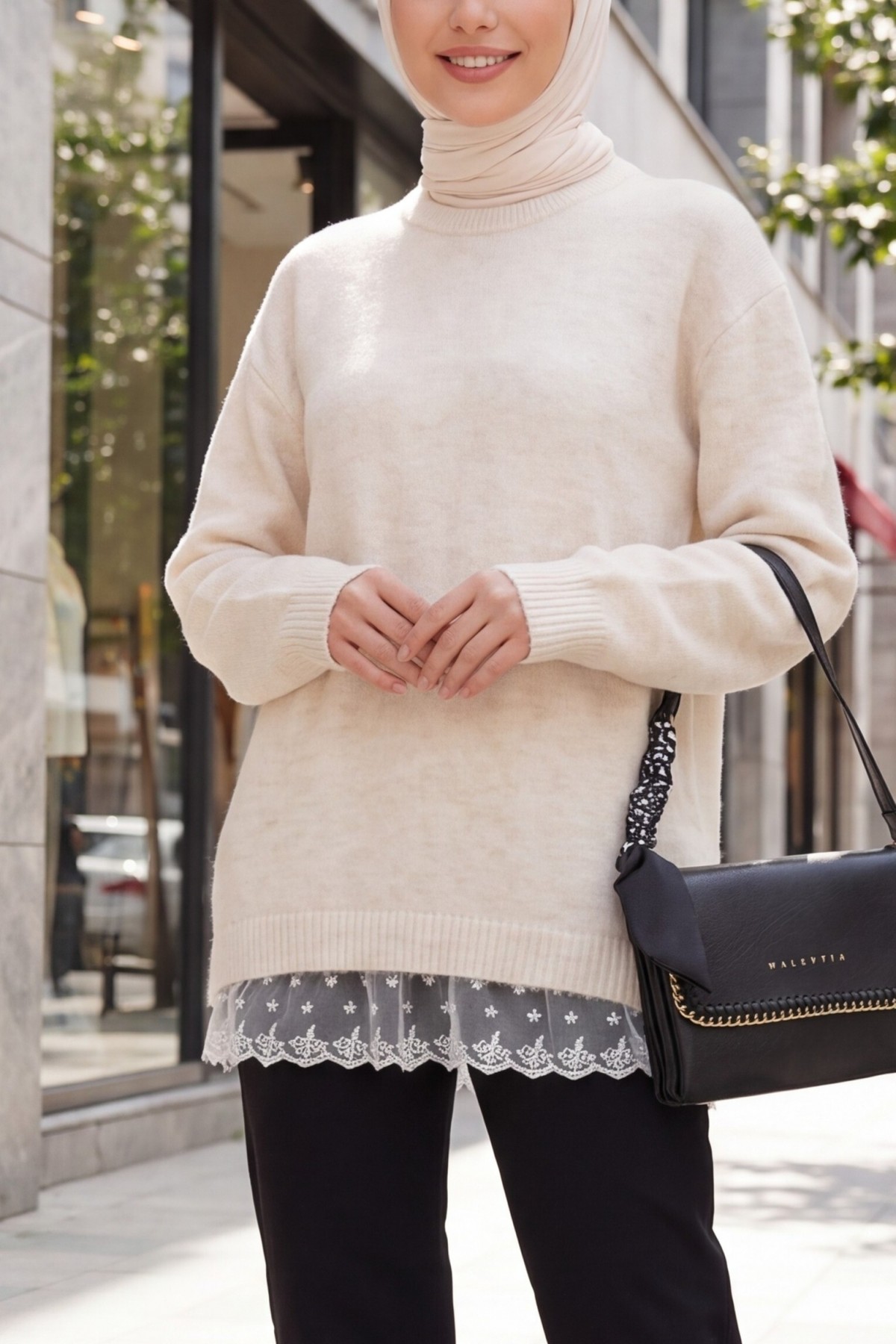 Women's Oversize Knit Sweater with Tulle Details 15968 