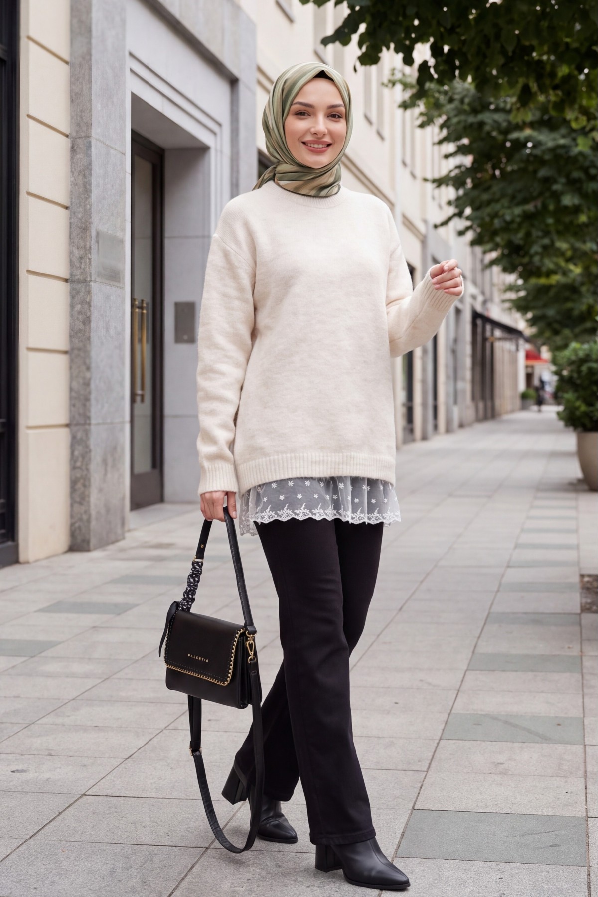 Women's Oversize Knit Sweater with Tulle Details 15968 