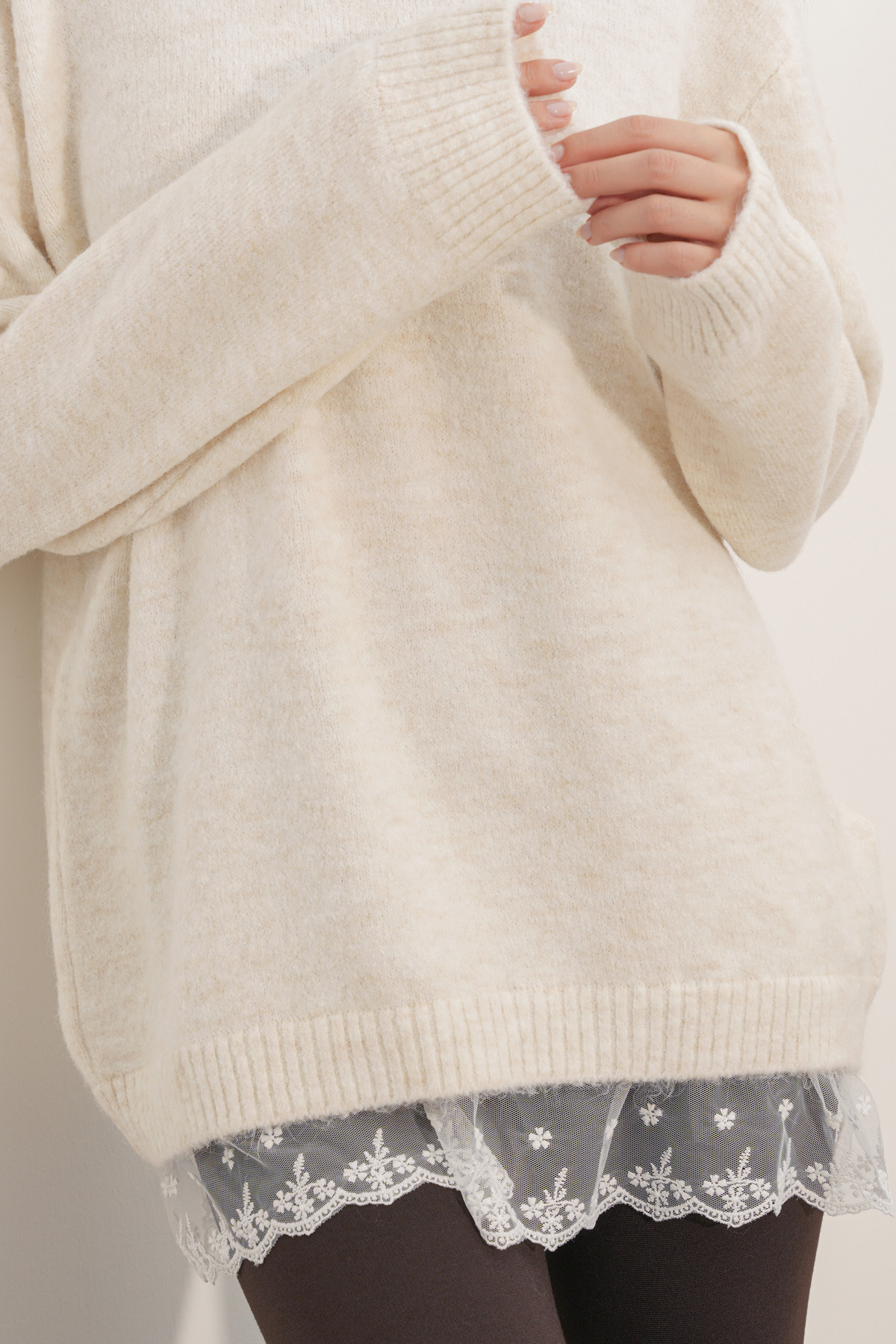 Women's Oversize Knit Sweater with Tulle Details 15968 