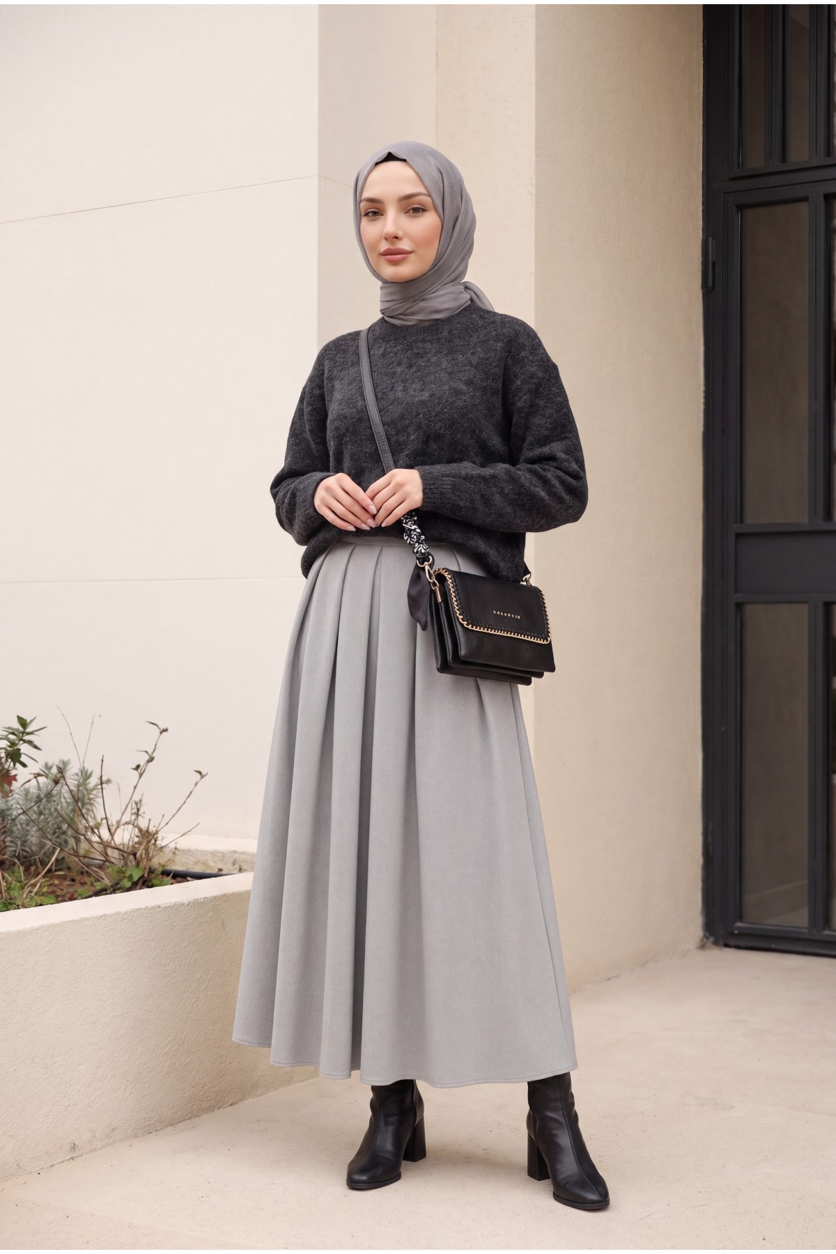 Kadın Tül Detaylı Oversize Triko Kazak 15968 - Siyah