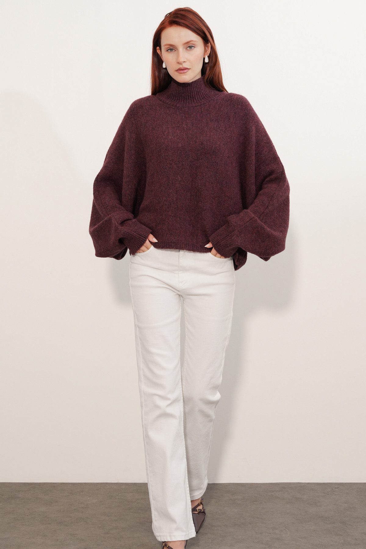 Kadın Yarasa Kol Oversize Triko Kazak 15969 - Bordo