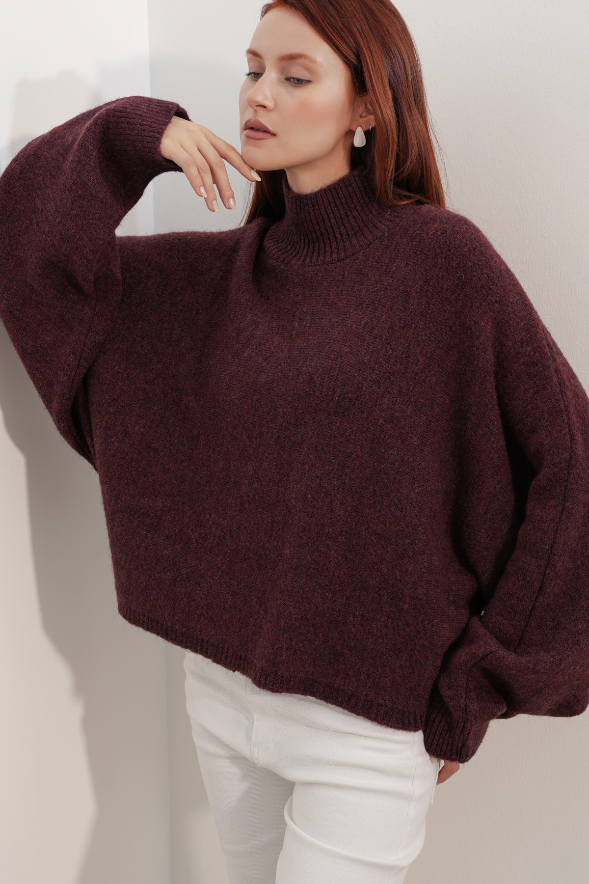Kadın Yarasa Kol Oversize Triko Kazak 15969 - Bordo