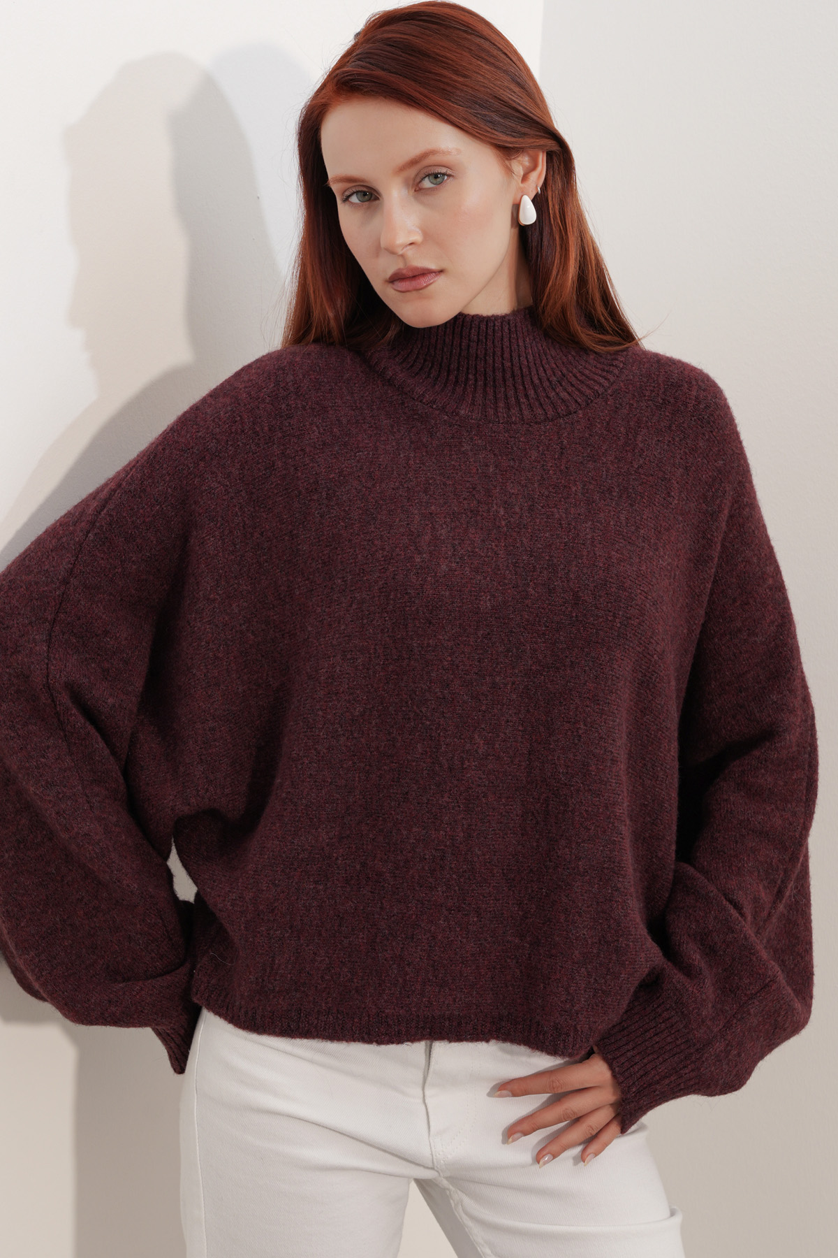 Kadın Yarasa Kol Oversize Triko Kazak 15969 - Bordo
