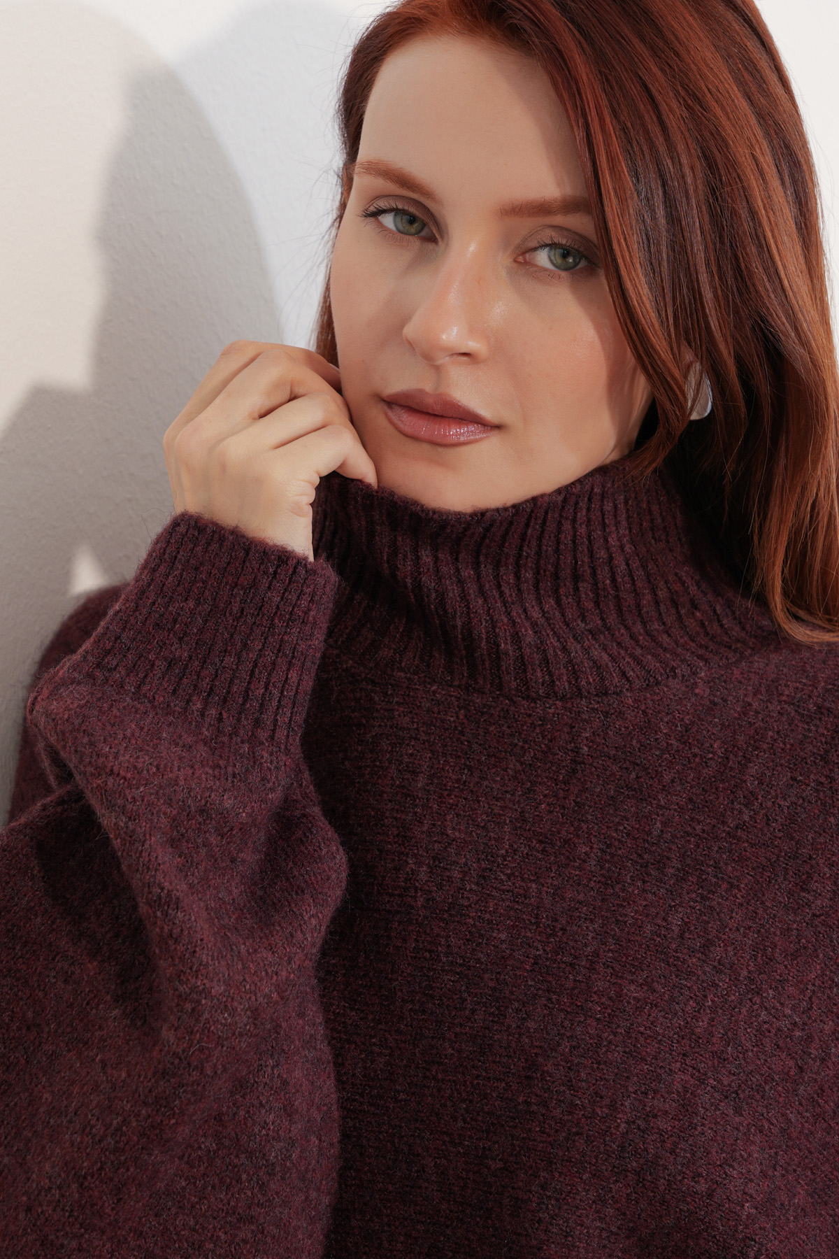 Kadın Yarasa Kol Oversize Triko Kazak 15969 - Bordo