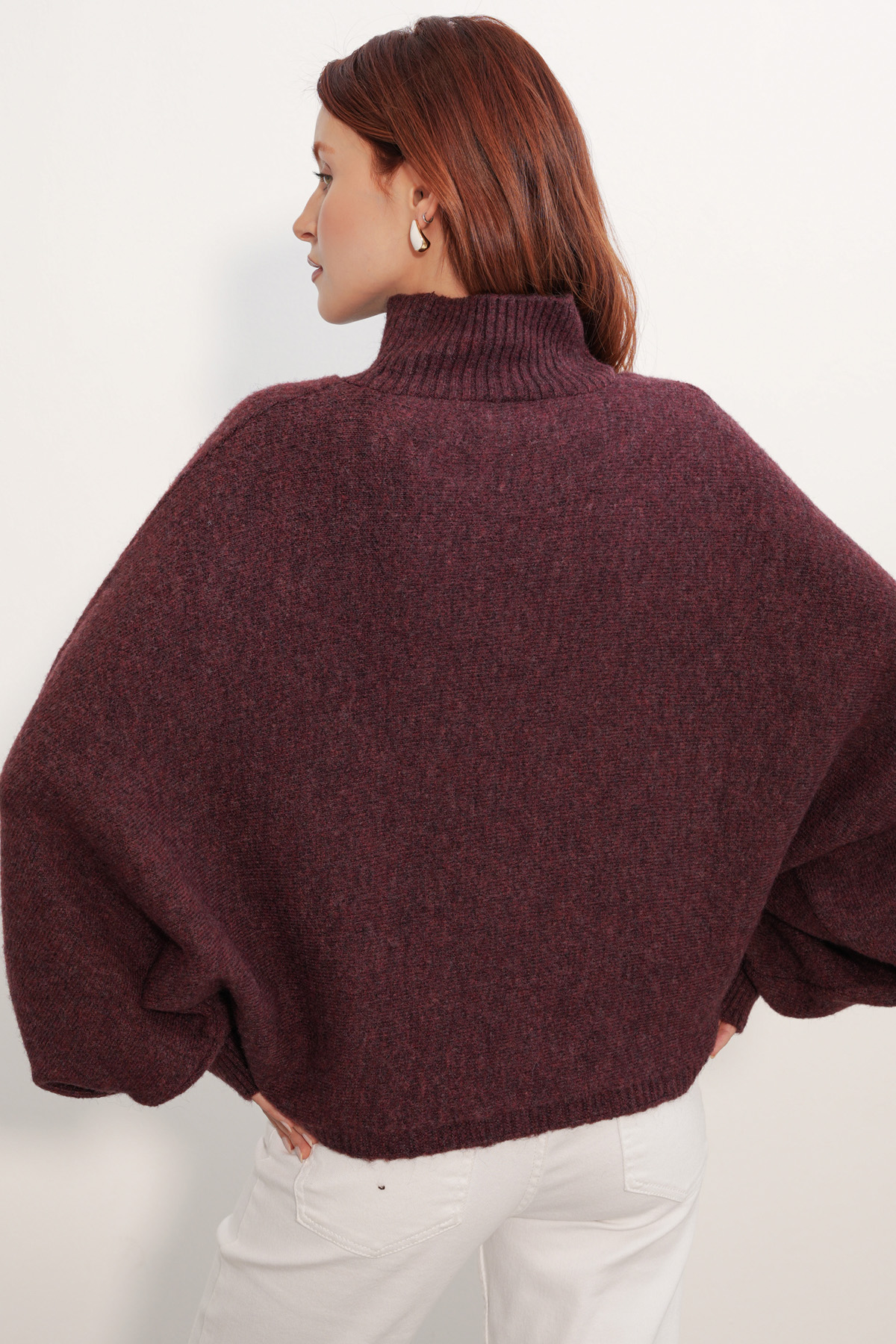 Kadın Yarasa Kol Oversize Triko Kazak 15969 - Bordo