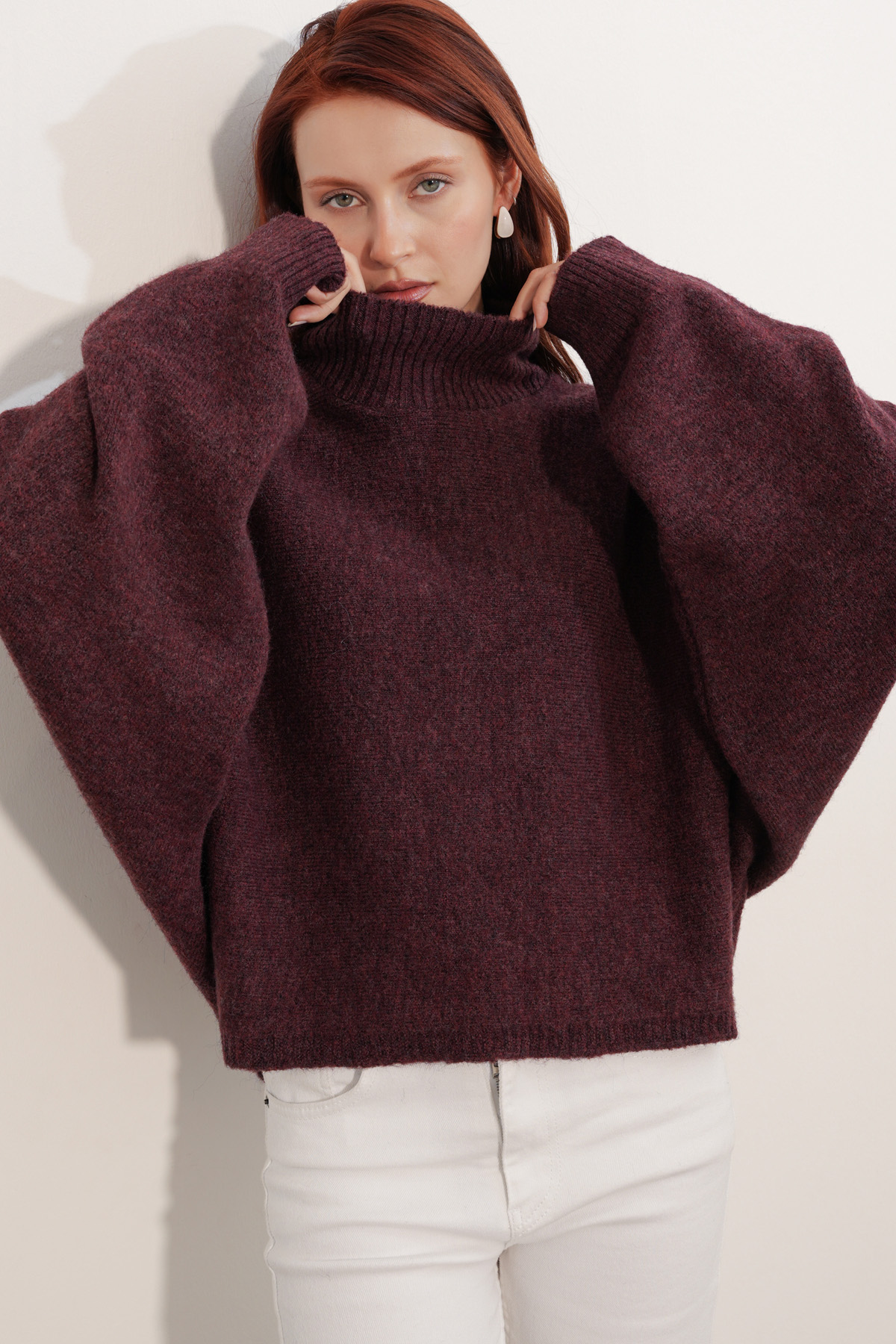 Kadın Yarasa Kol Oversize Triko Kazak 15969 - Bordo