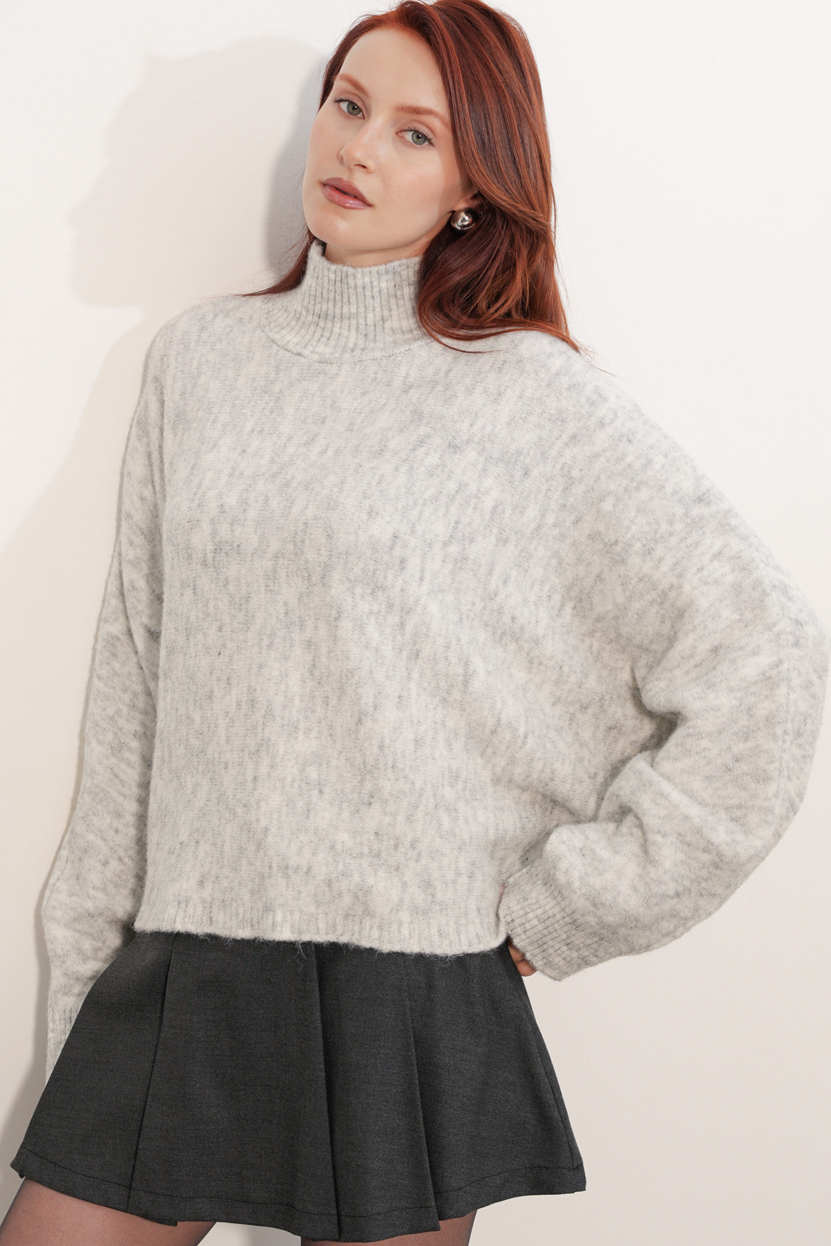 Kadın Yarasa Kol Oversize Triko Kazak 15969 - Ekru