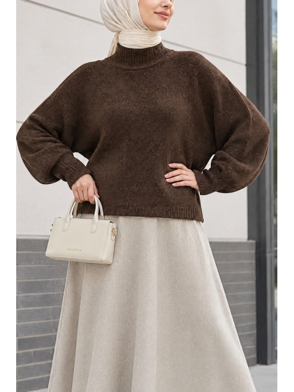 Kadın Yarasa Kol Oversize Triko Kazak 15969 - Kahverengi