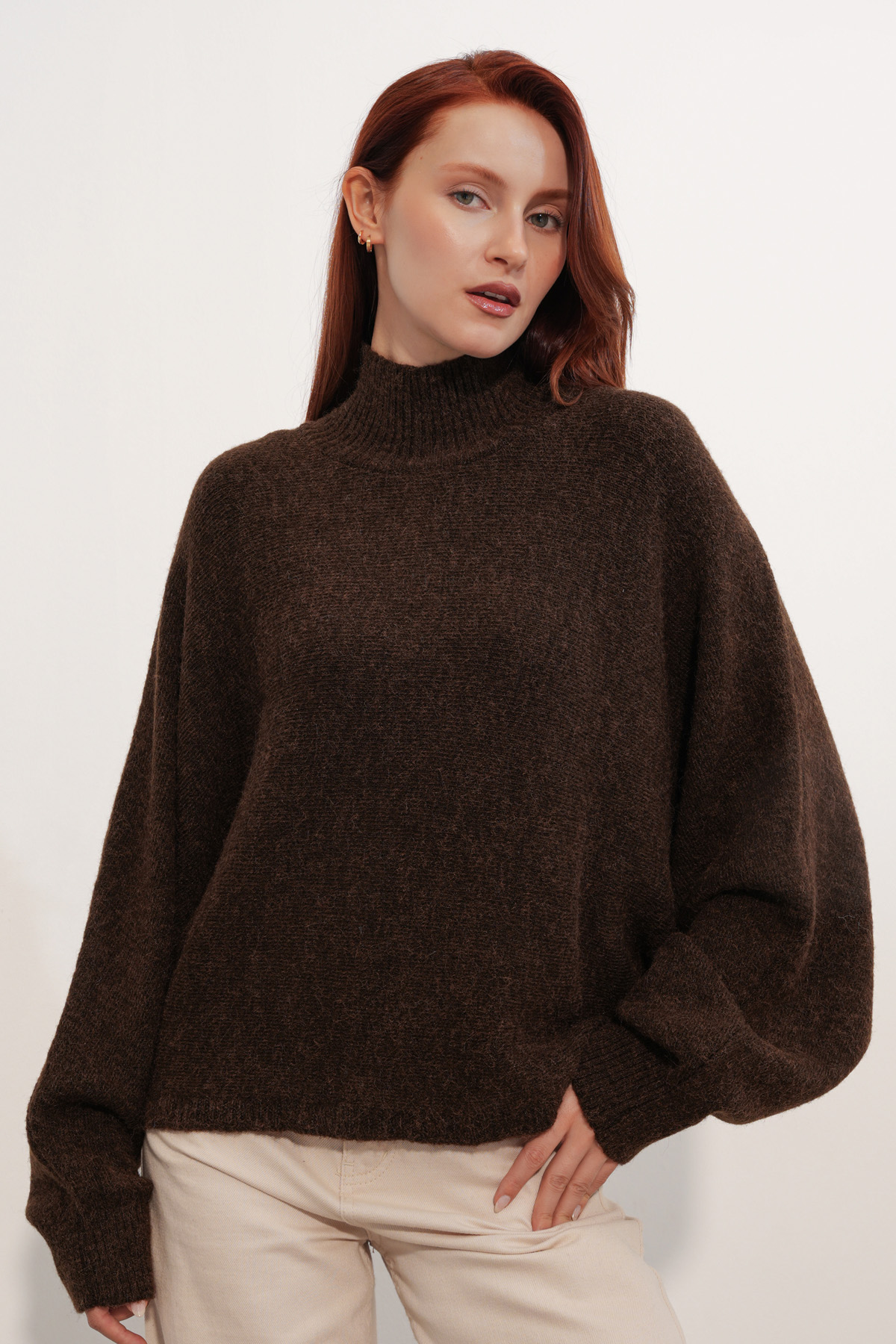 Kadın Yarasa Kol Oversize Triko Kazak 15969 - Kahverengi