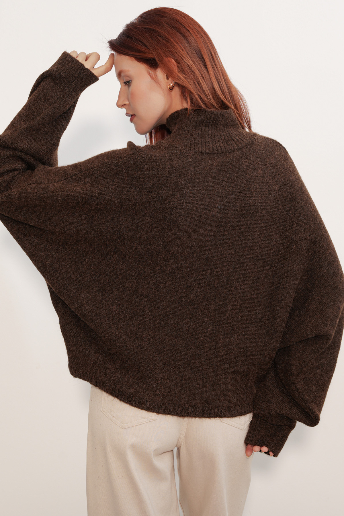 Kadın Yarasa Kol Oversize Triko Kazak 15969 - Kahverengi