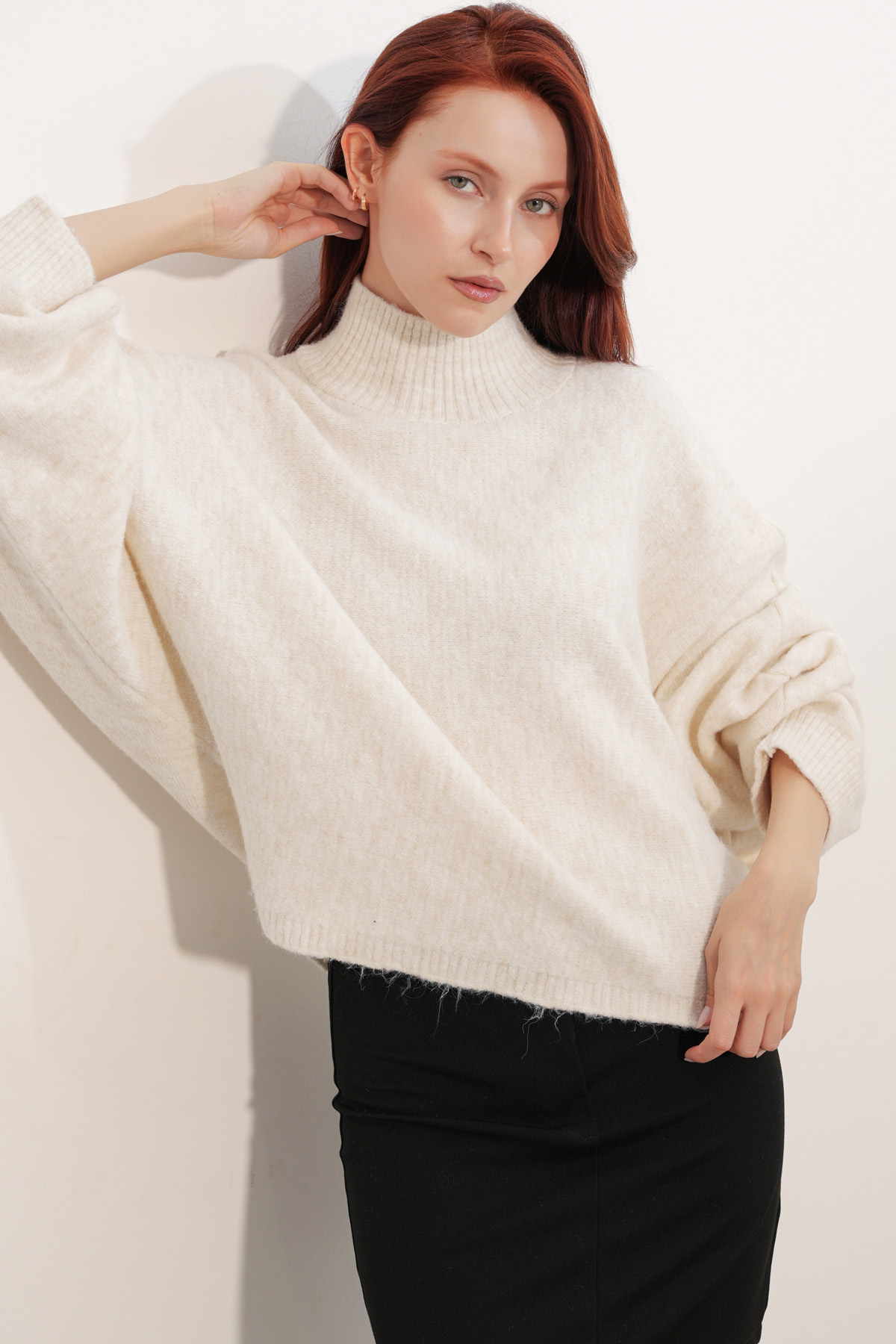 Kadın Yarasa Kol Oversize Triko Kazak 15969 - Krem
