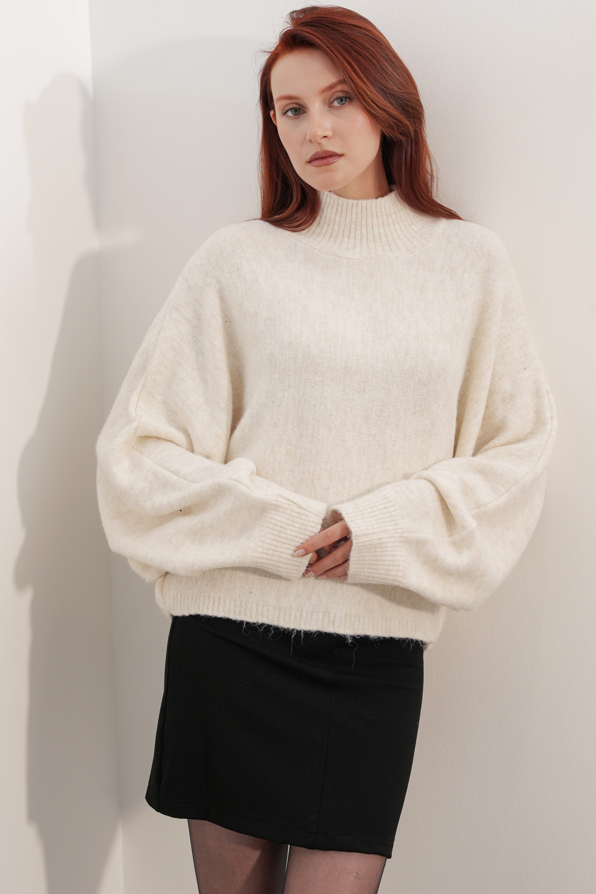 Kadın Yarasa Kol Oversize Triko Kazak 15969 - Krem