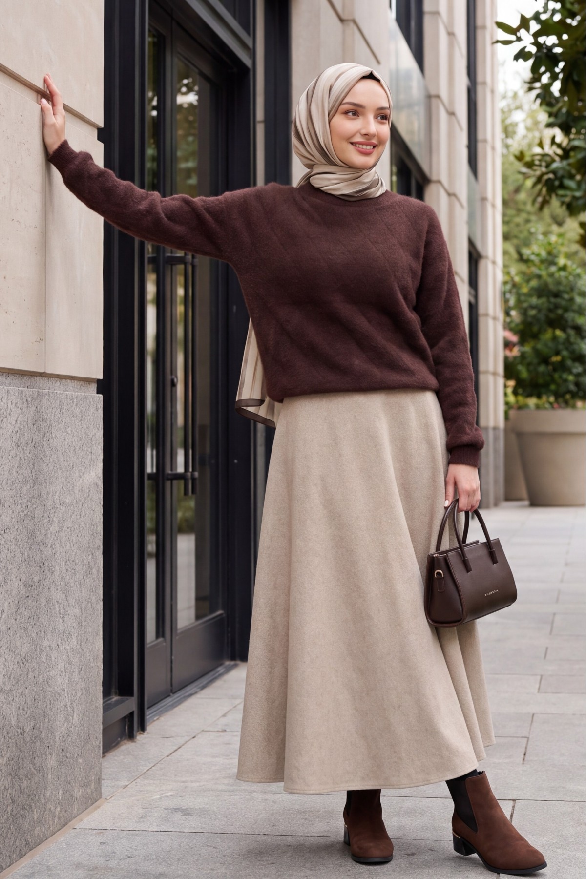 Kadın Desenli Oversize Kazak 15970 - Kahverengi