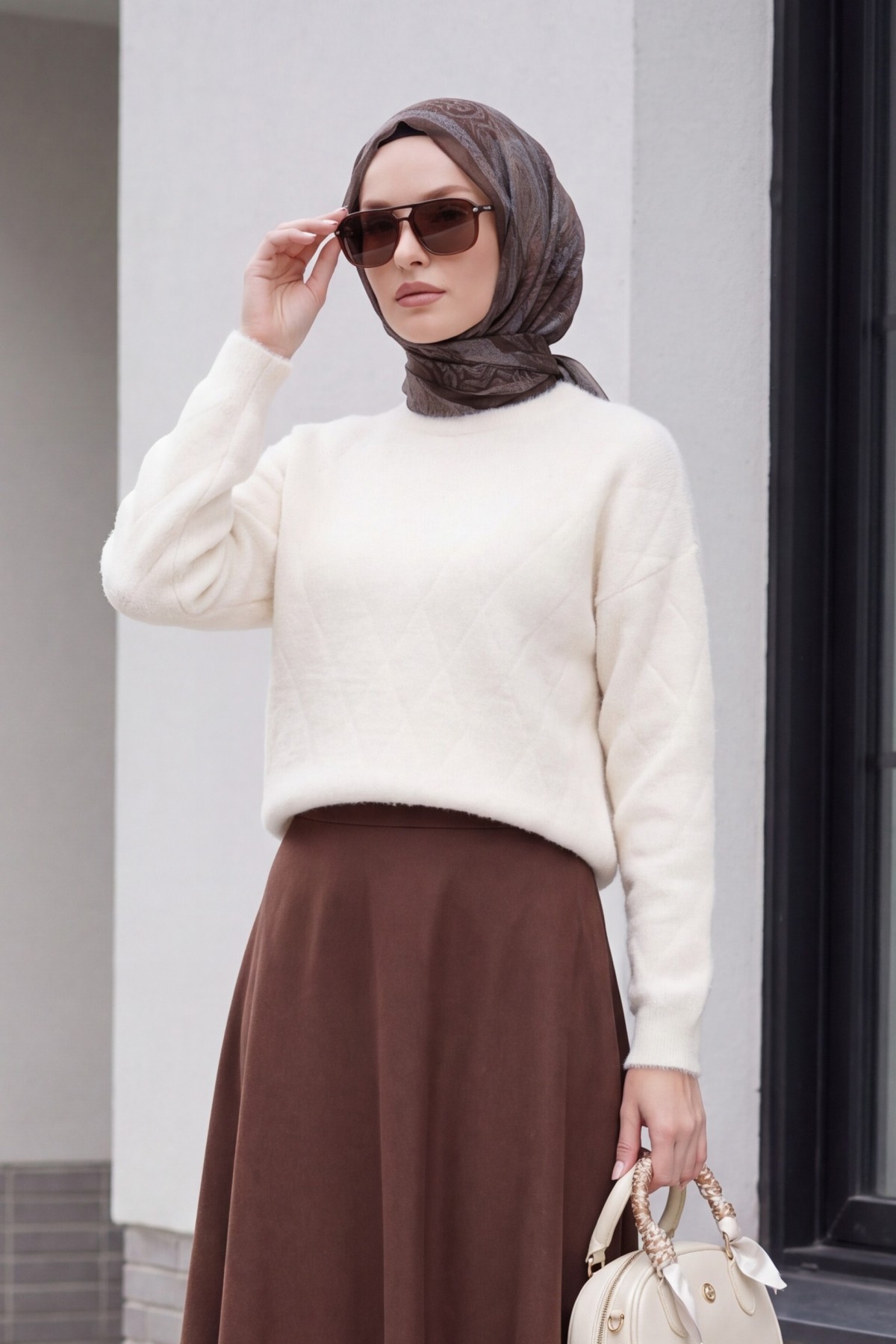 Kadın Desenli Oversize Kazak 15970 - Krem