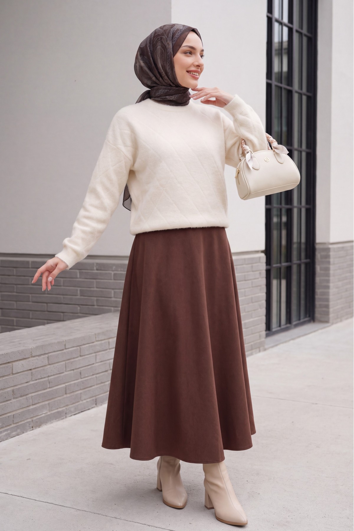 Kadın Desenli Oversize Kazak 15970 - Krem