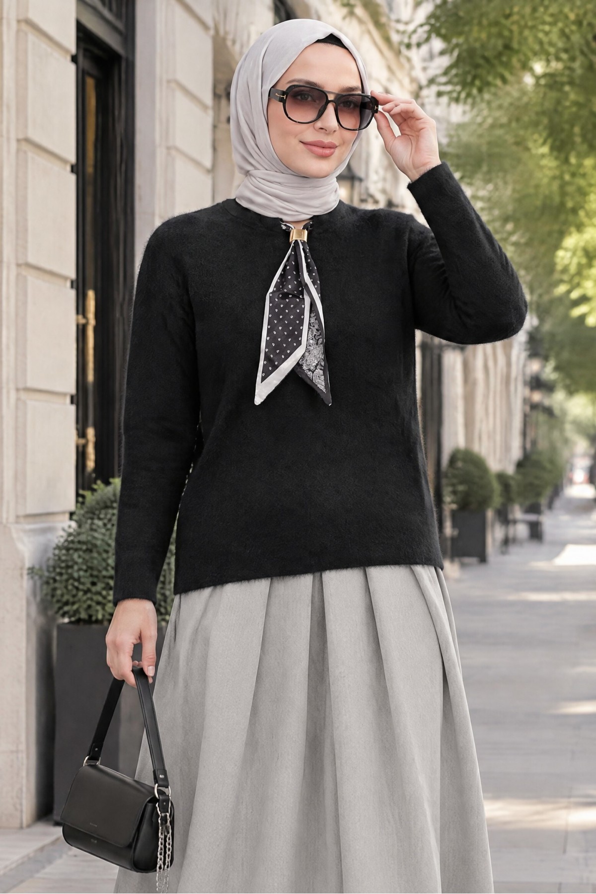 Kadın Fular Detaylı Oversize Kazak 15971 - Siyah
