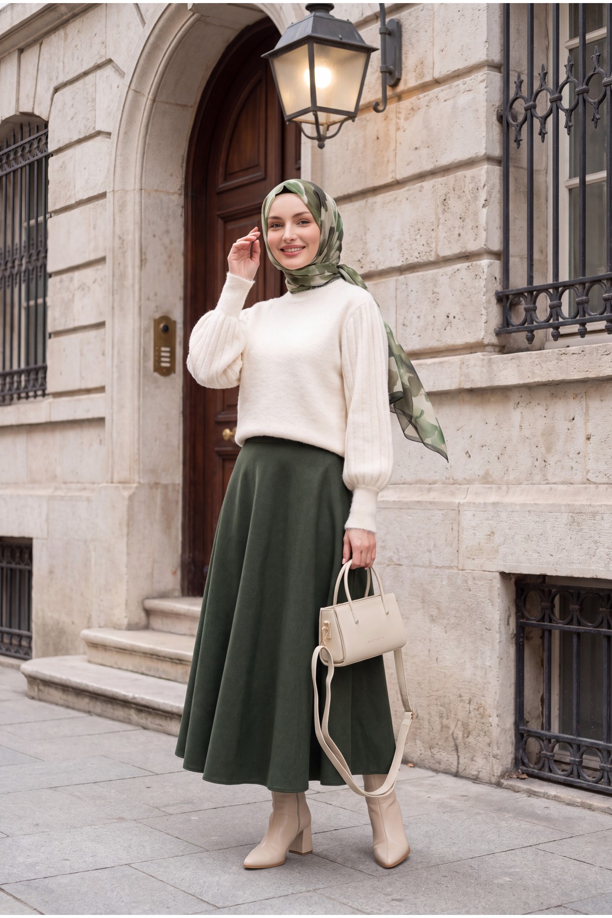 Kadın Balon Kol Oversize Triko Kazak 15973 - Krem