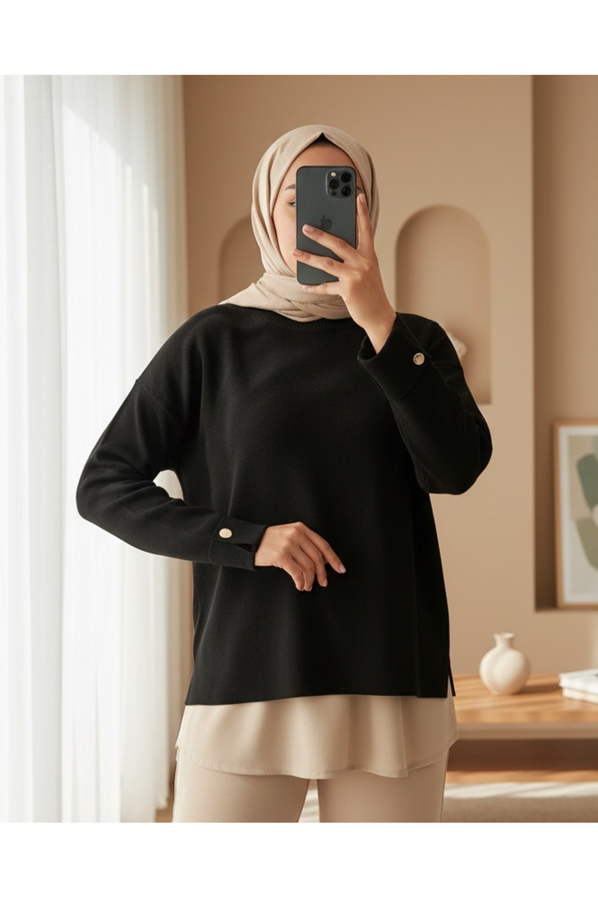 Women's Oversized Knitwear Sweater with Cufflinks 15981 