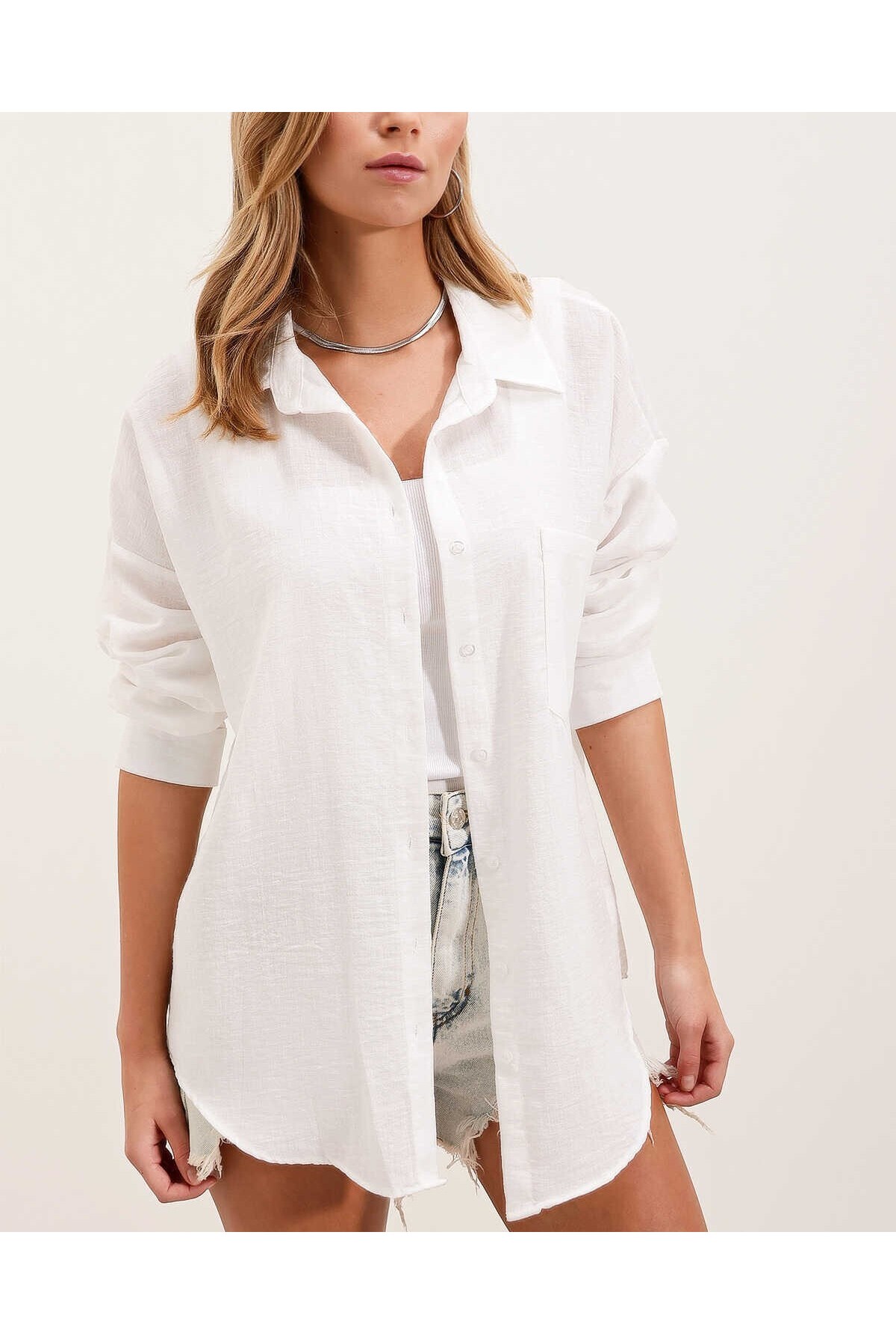 20153 Single Pocket Oversize Linen Shirt 