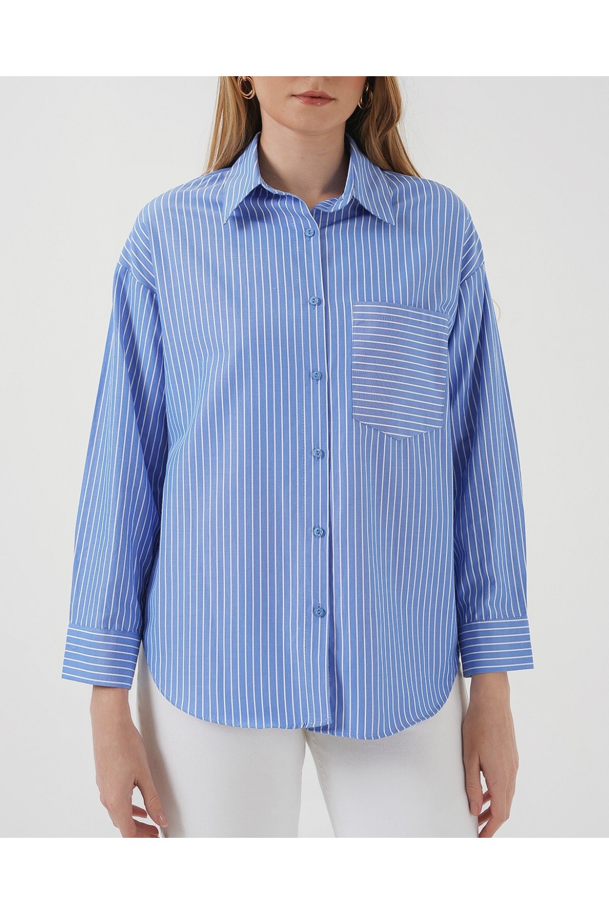 20205 Çizgili Oversize Gömlek - Mavi
