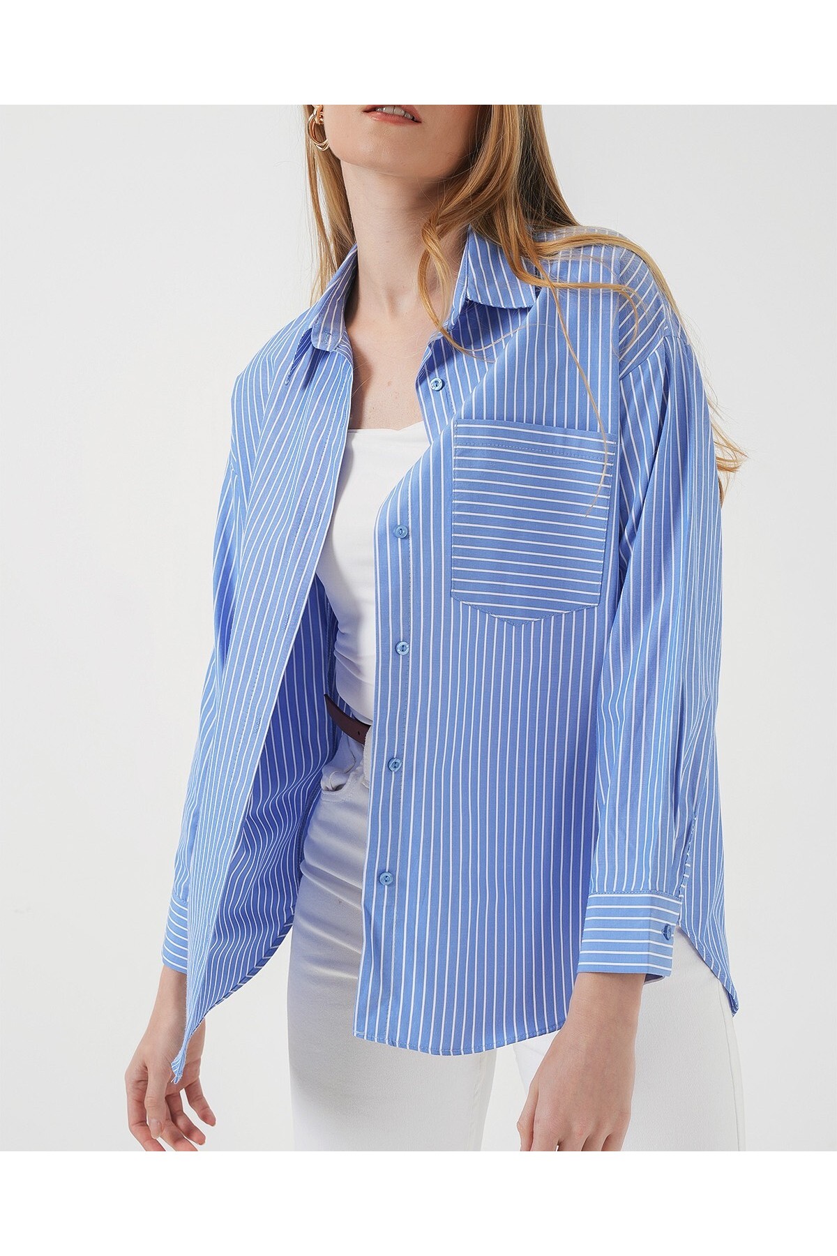 20205 Çizgili Oversize Gömlek - Mavi