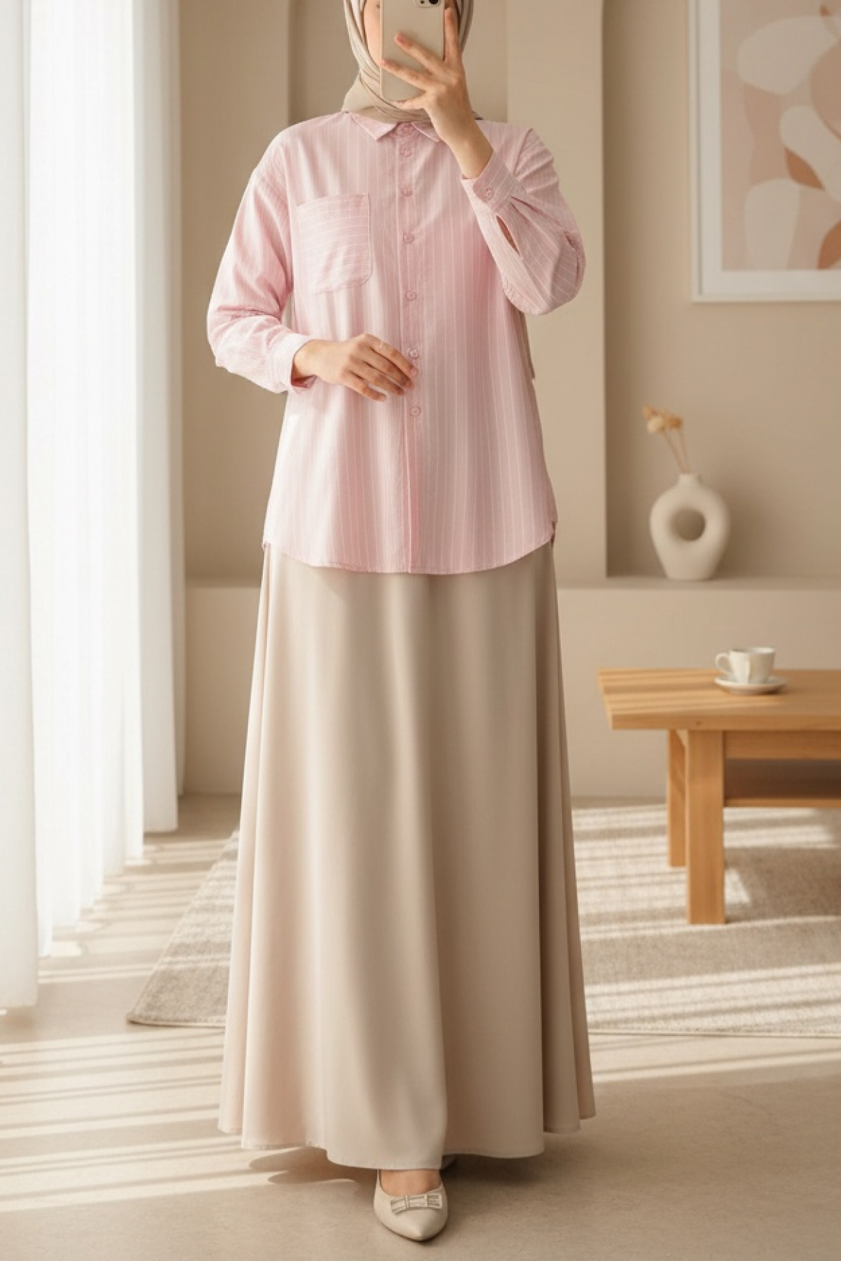 20217 Cep Detaylı Çizgili Oversize Gömlek - Bej