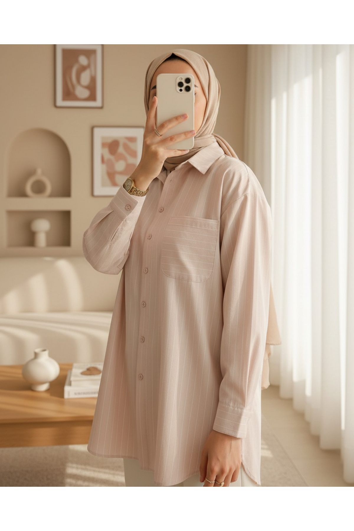 20217 Cep Detaylı Çizgili Oversize Gömlek - Bej