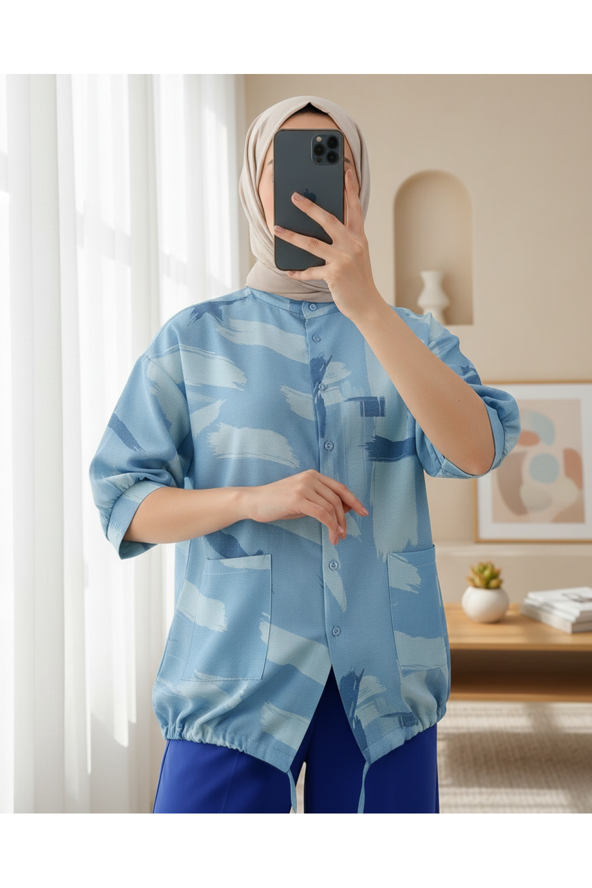 20226 Desenli Oversize Gömlek - Mavi