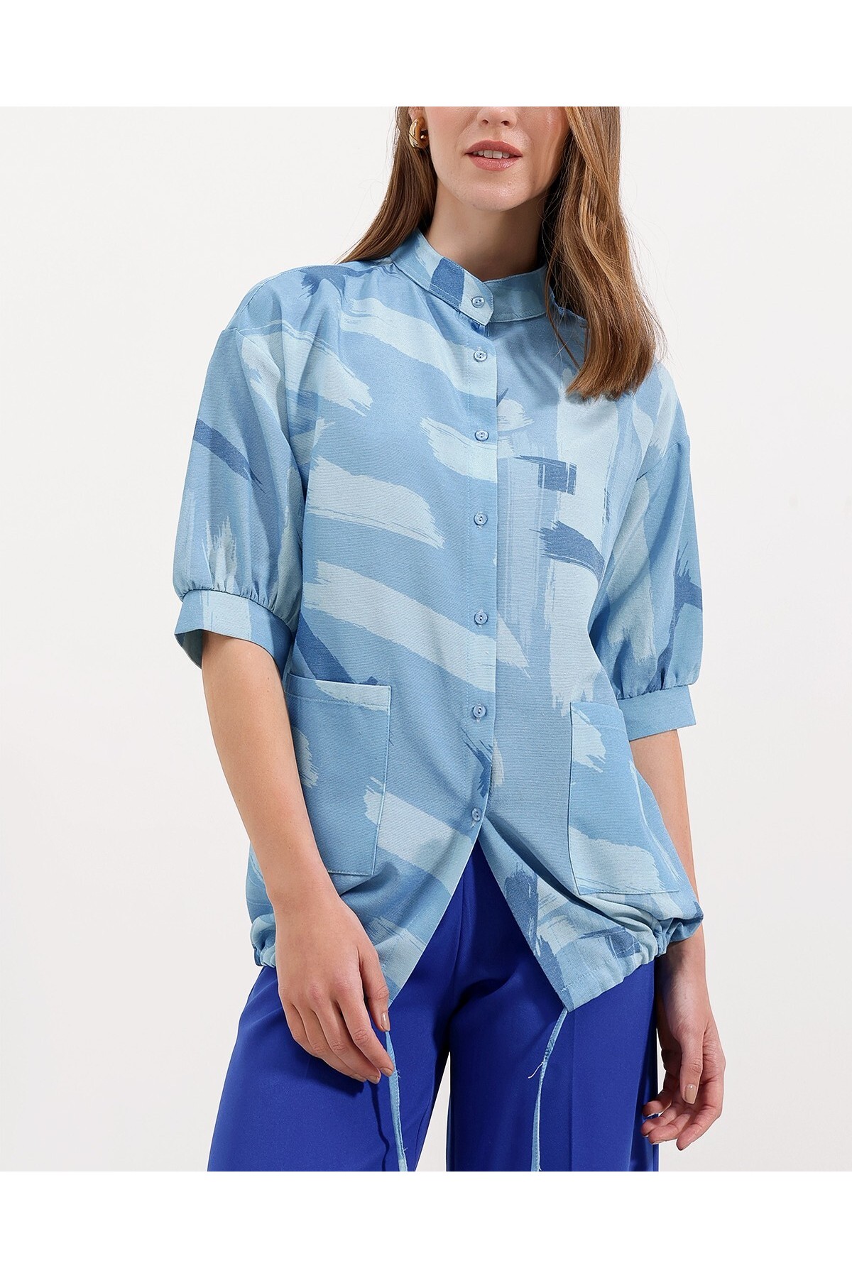 20226 Desenli Oversize Gömlek - Mavi