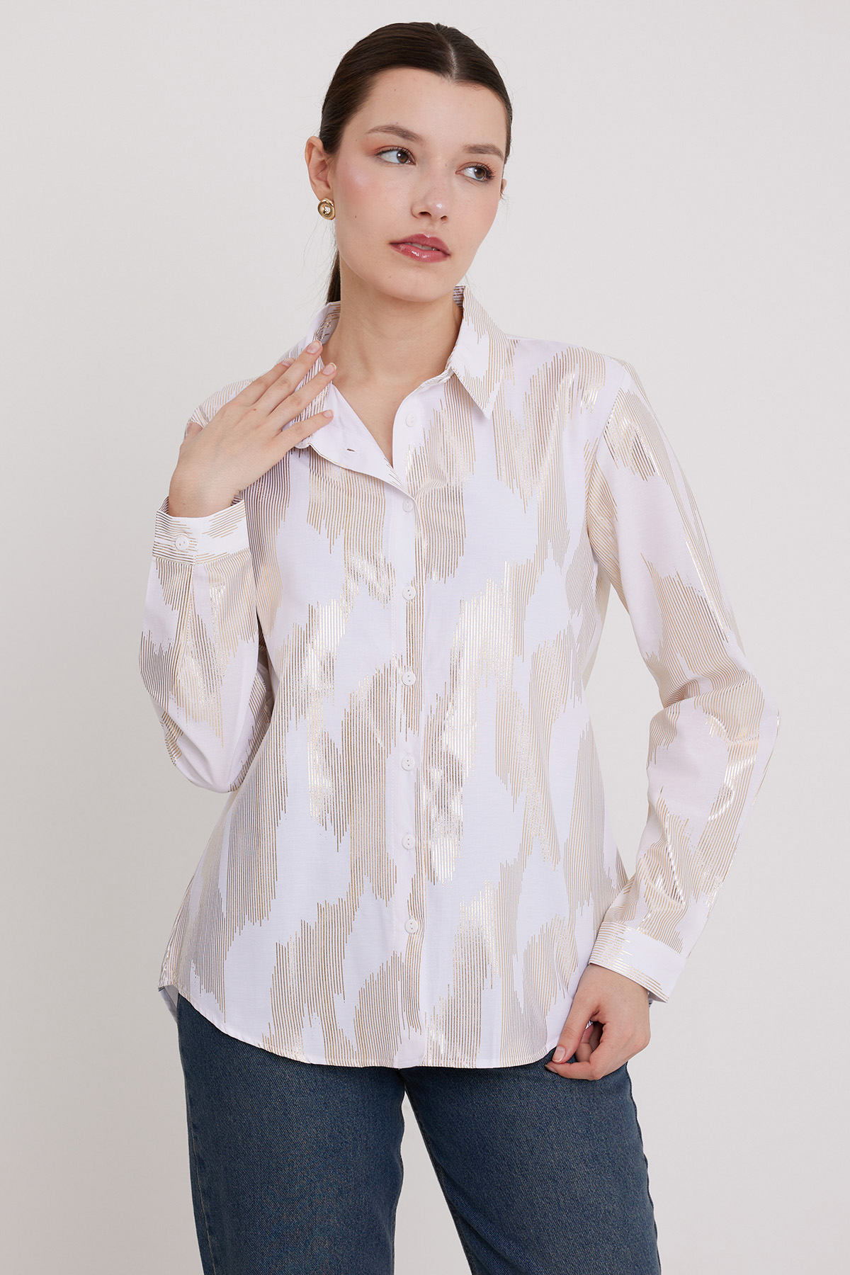 Women's White Gold Leaf Patterned Shirt 20253