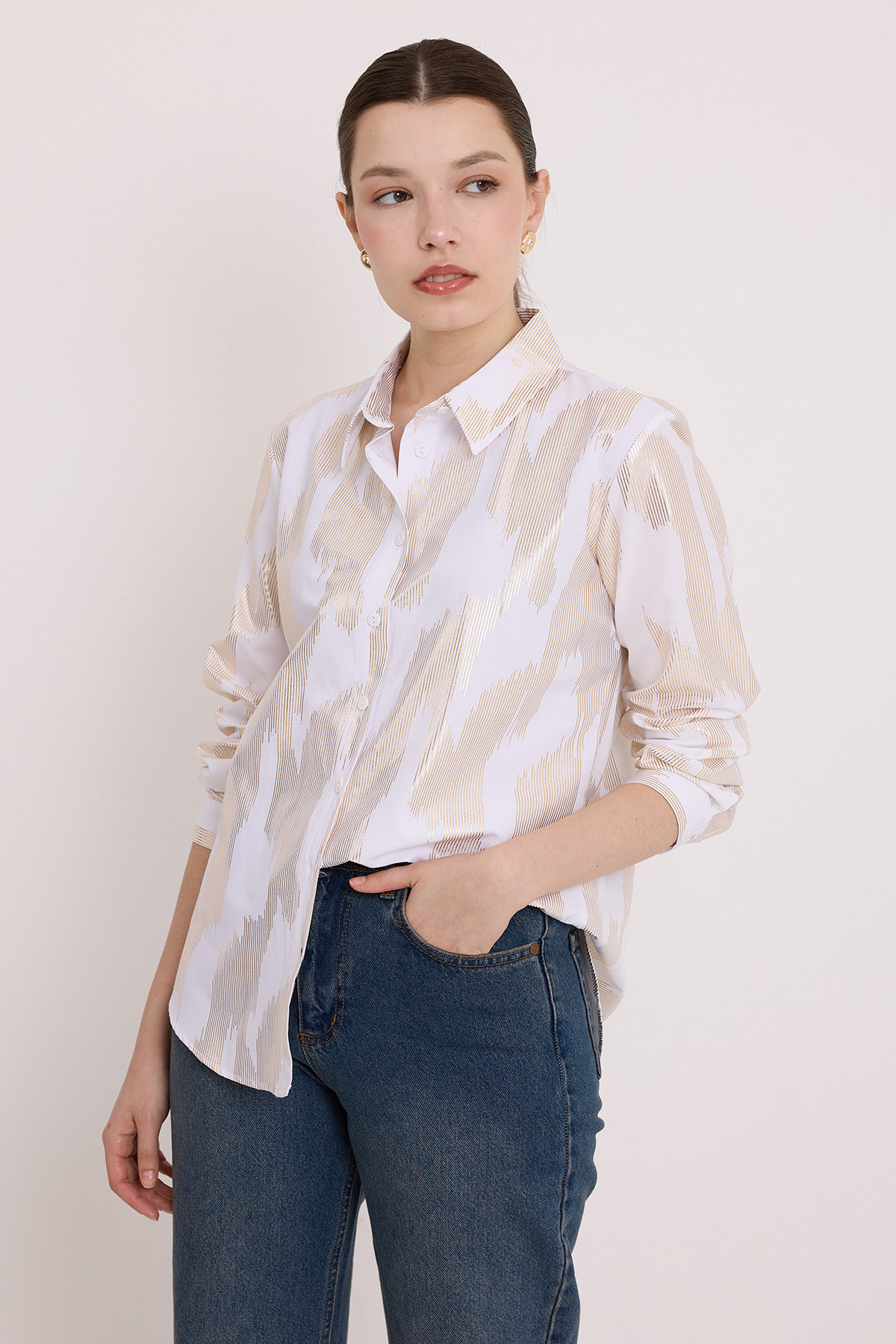 Women's White Gold Leaf Patterned Shirt 20253