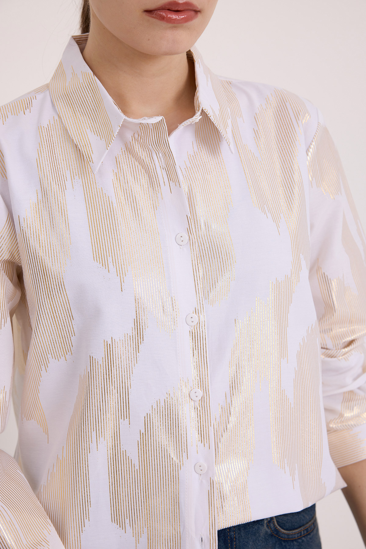 Women's White Gold Leaf Patterned Shirt 20253