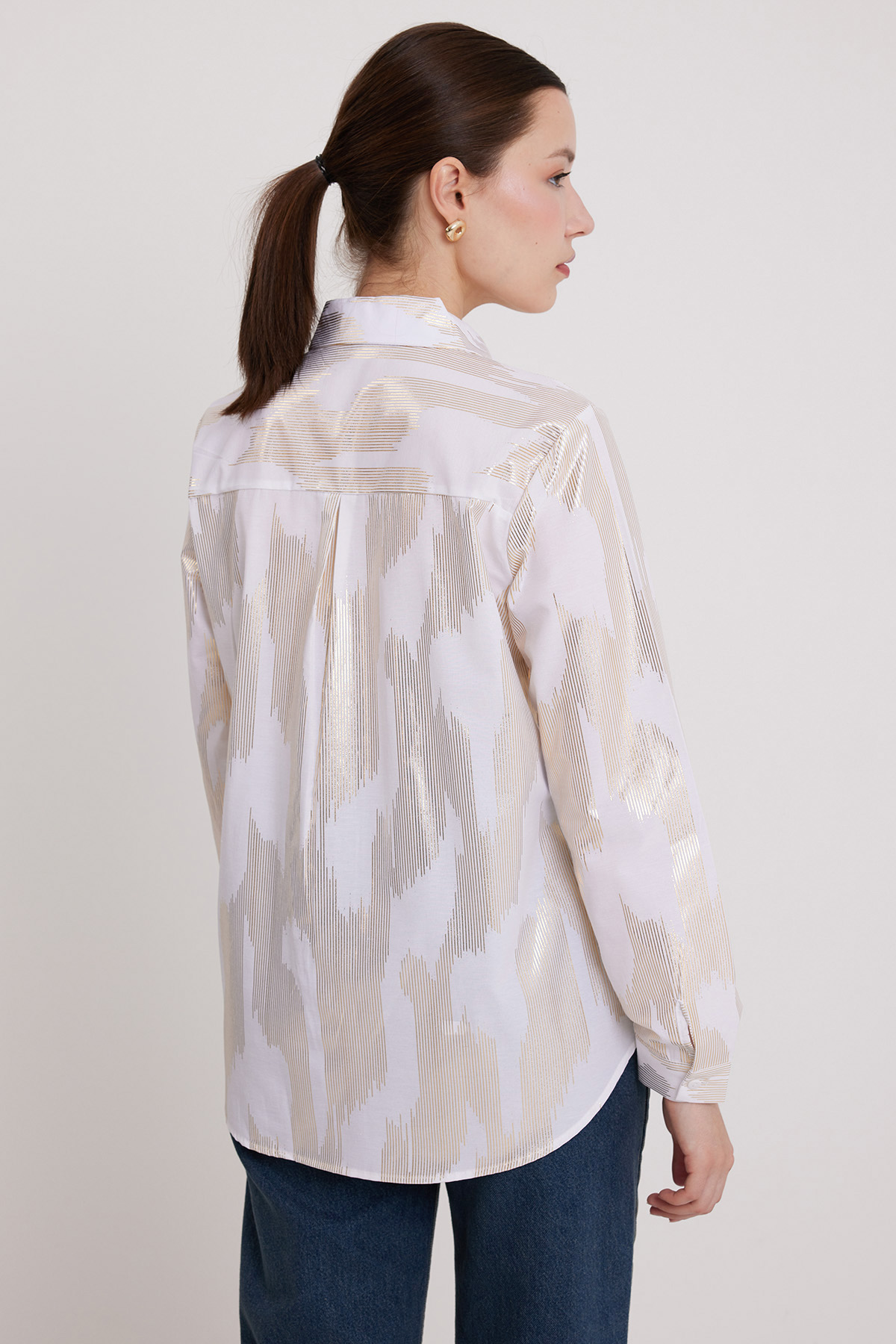 Women's White Gold Leaf Patterned Shirt 20253