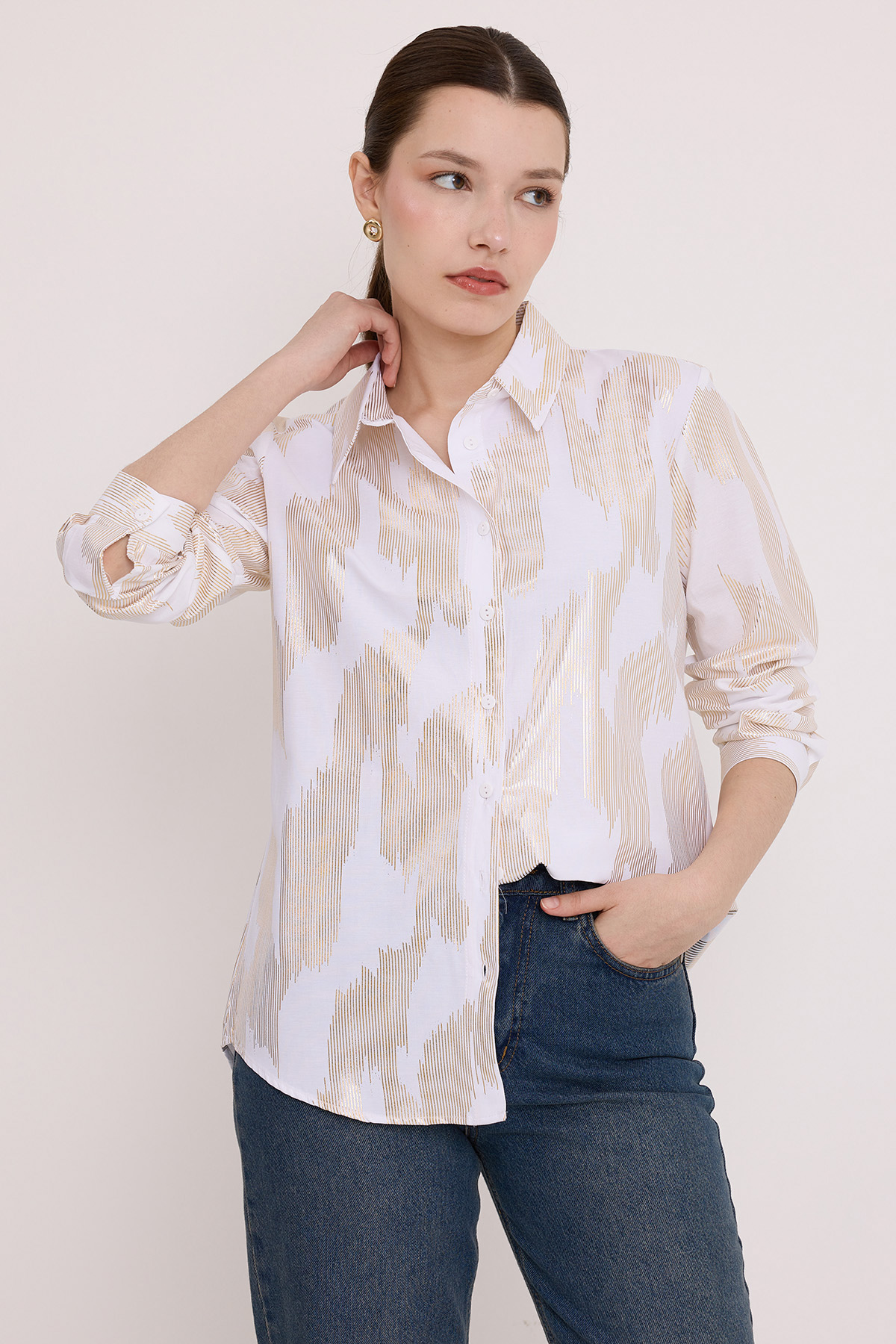 Women's White Gold Leaf Patterned Shirt 20253