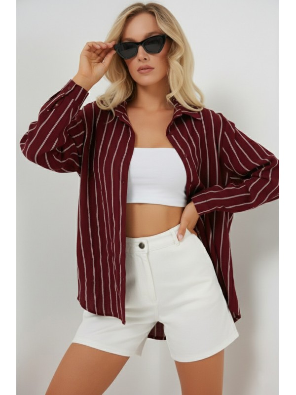 Kadın Çizgili Oversize Gömlek 20293 - Bordo