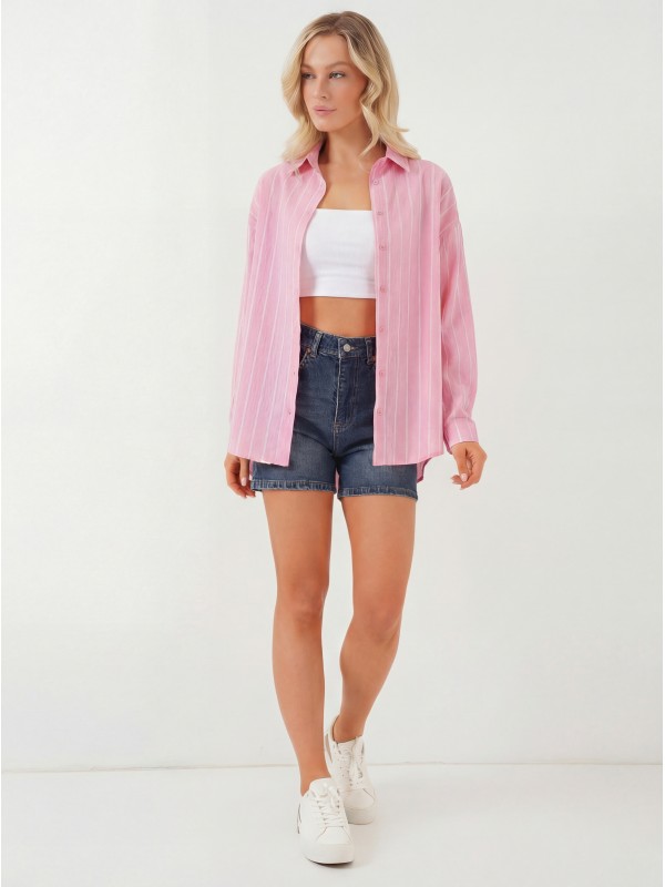 Kadın Çizgili Oversize Gömlek 20293 - Pembe