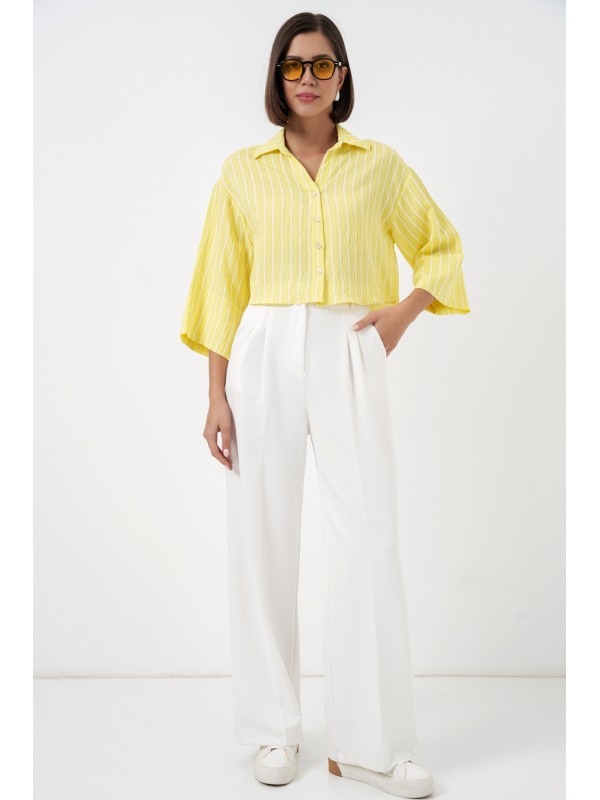 Kadın Çizgili Oversize Kısa Gömlek 20326 - Sarı
