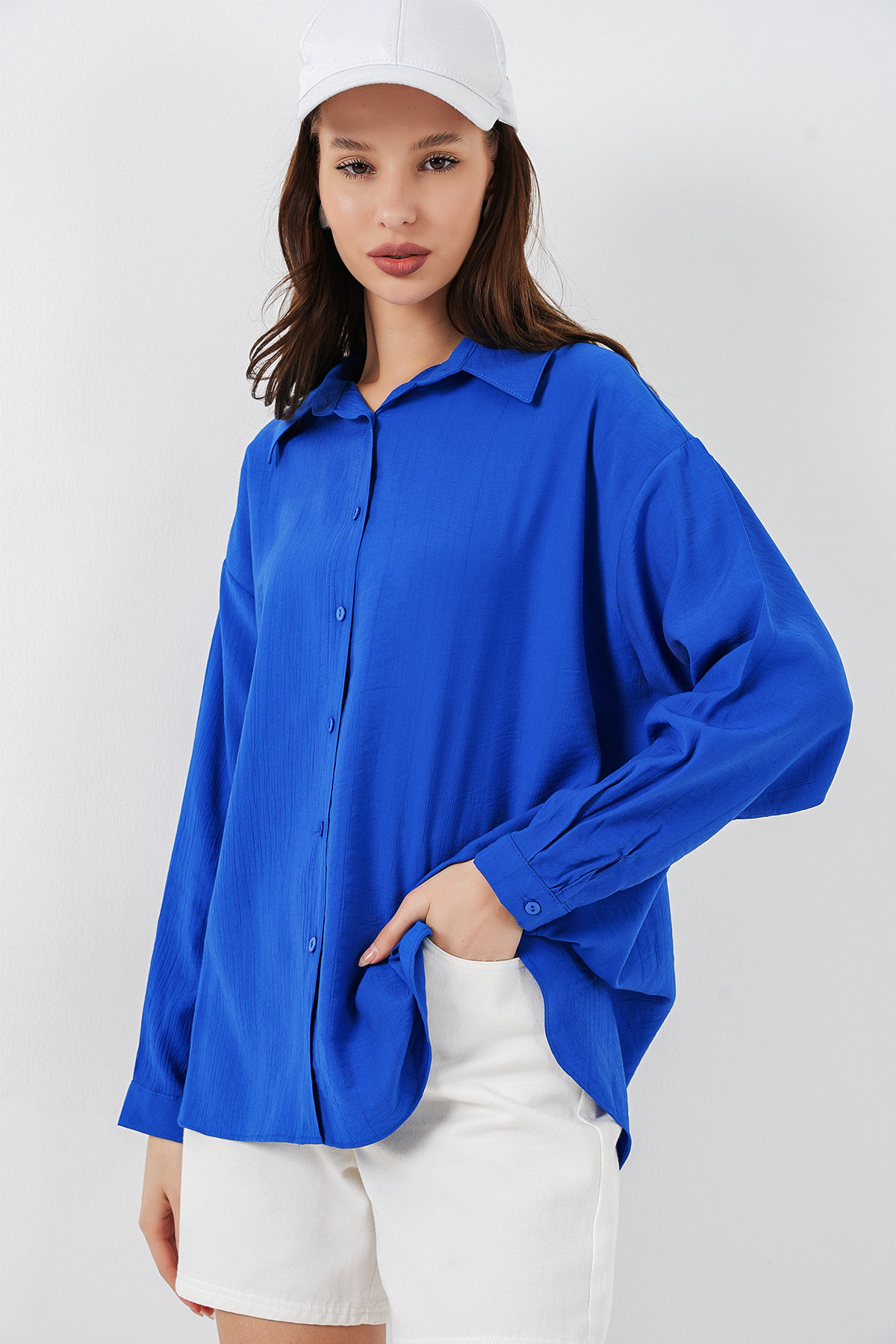 Kadın Uzun Oversize Gömlek 20334 - Saks