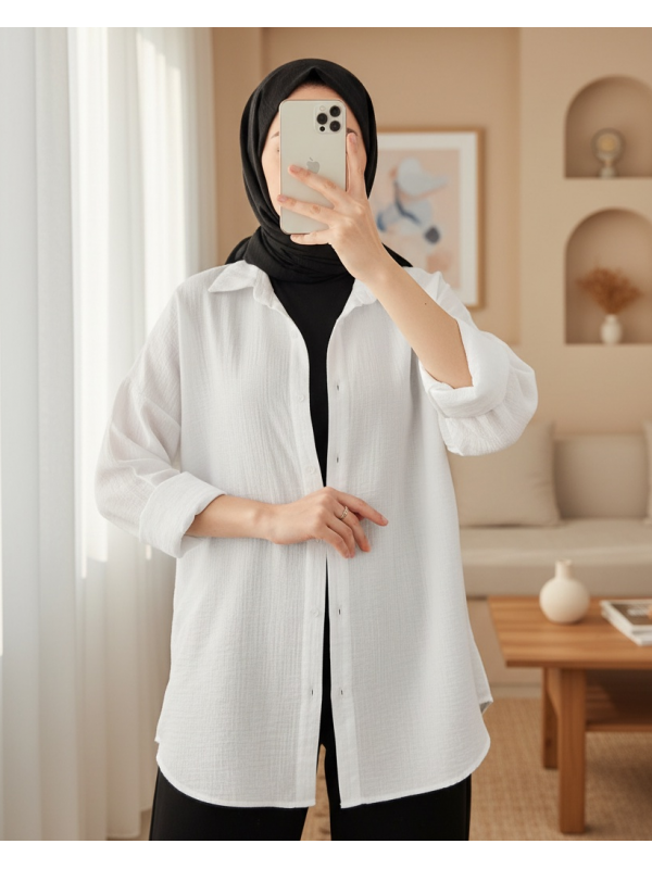Kadın Tek Cepli Oversize Müslin Gömlek 20353 - Beyaz