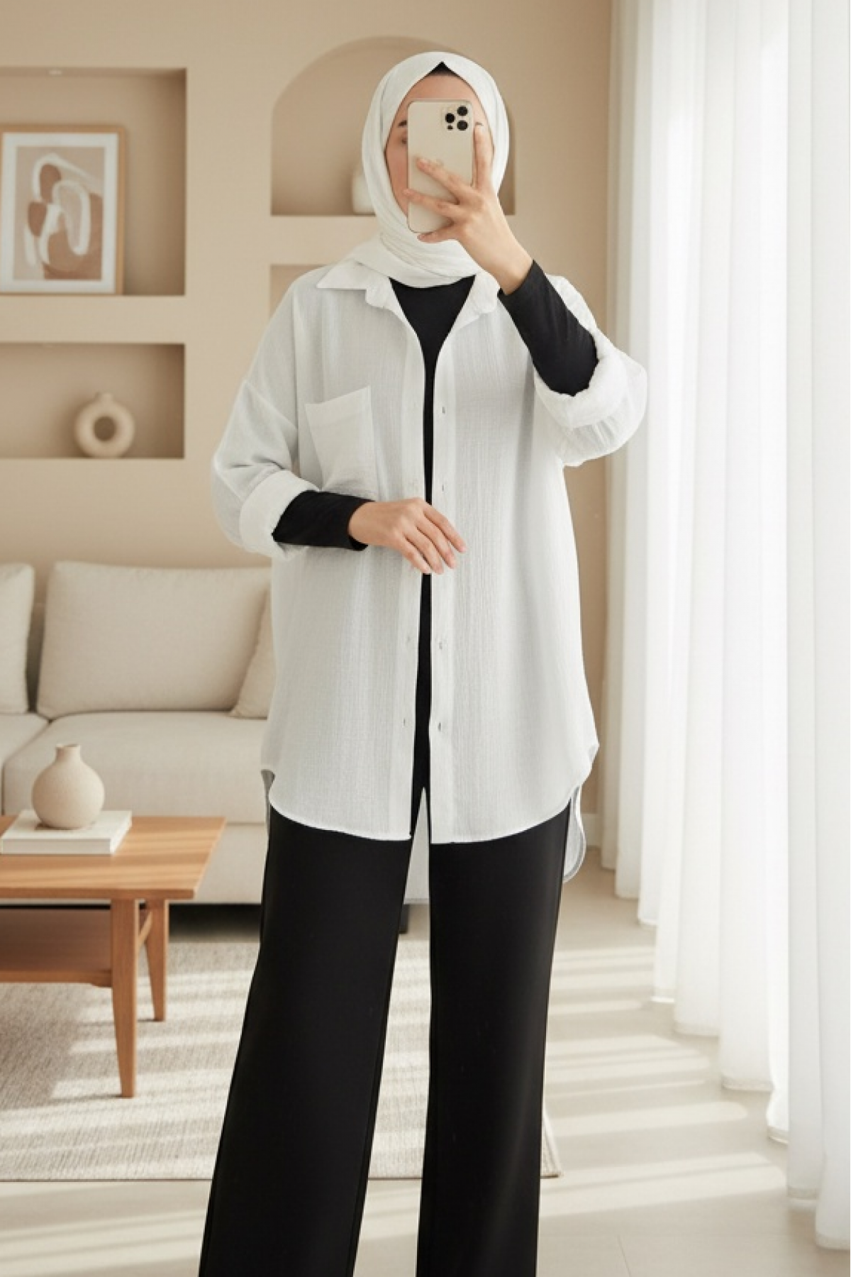 Kadın Tek Cepli Oversize Müslin Gömlek 20353 - Beyaz