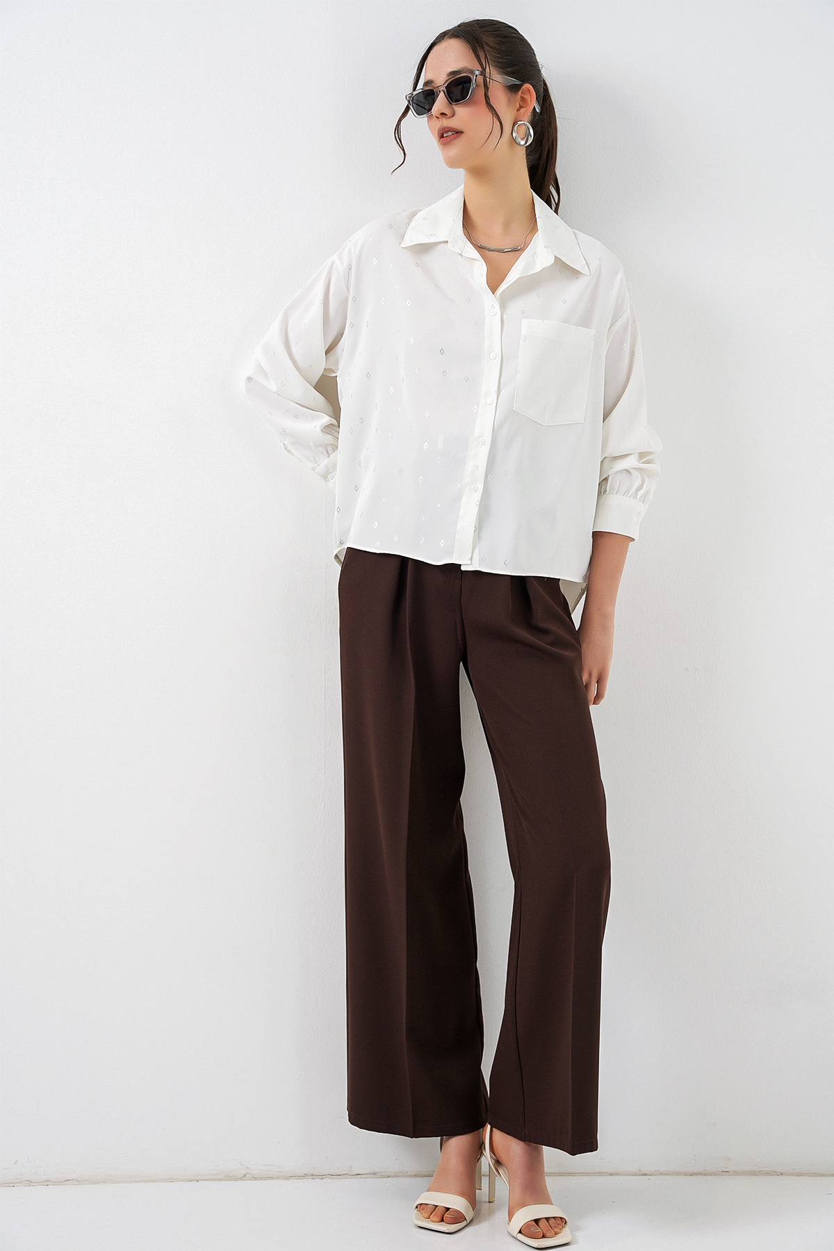 Kadın Desenli Oversize Gömlek 20361 - Gümüş