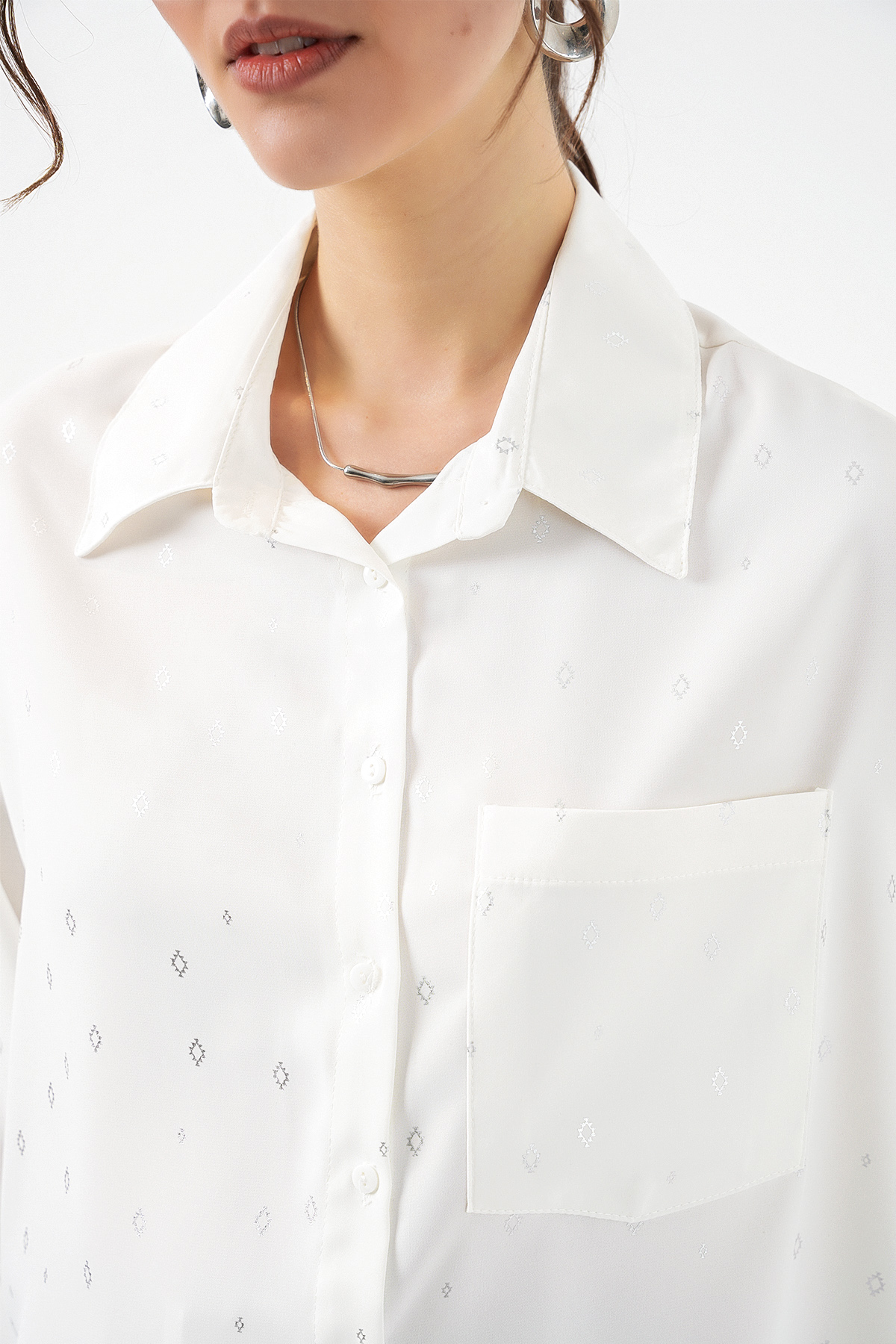 Kadın Desenli Oversize Gömlek 20361 - Gümüş