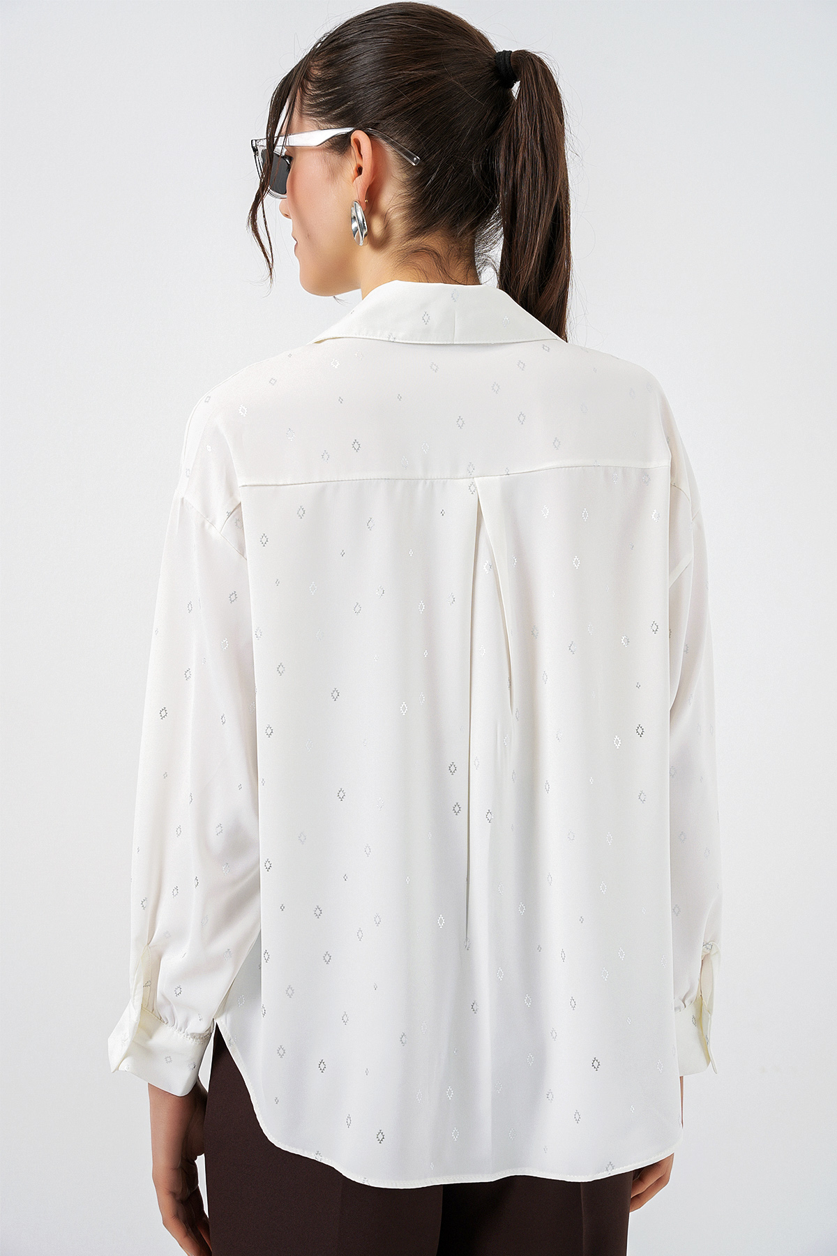 Kadın Desenli Oversize Gömlek 20361 - Gümüş